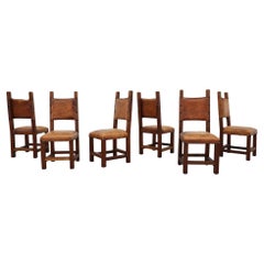 Set of 6 Spanish Brutalist Leather Dining Chairs