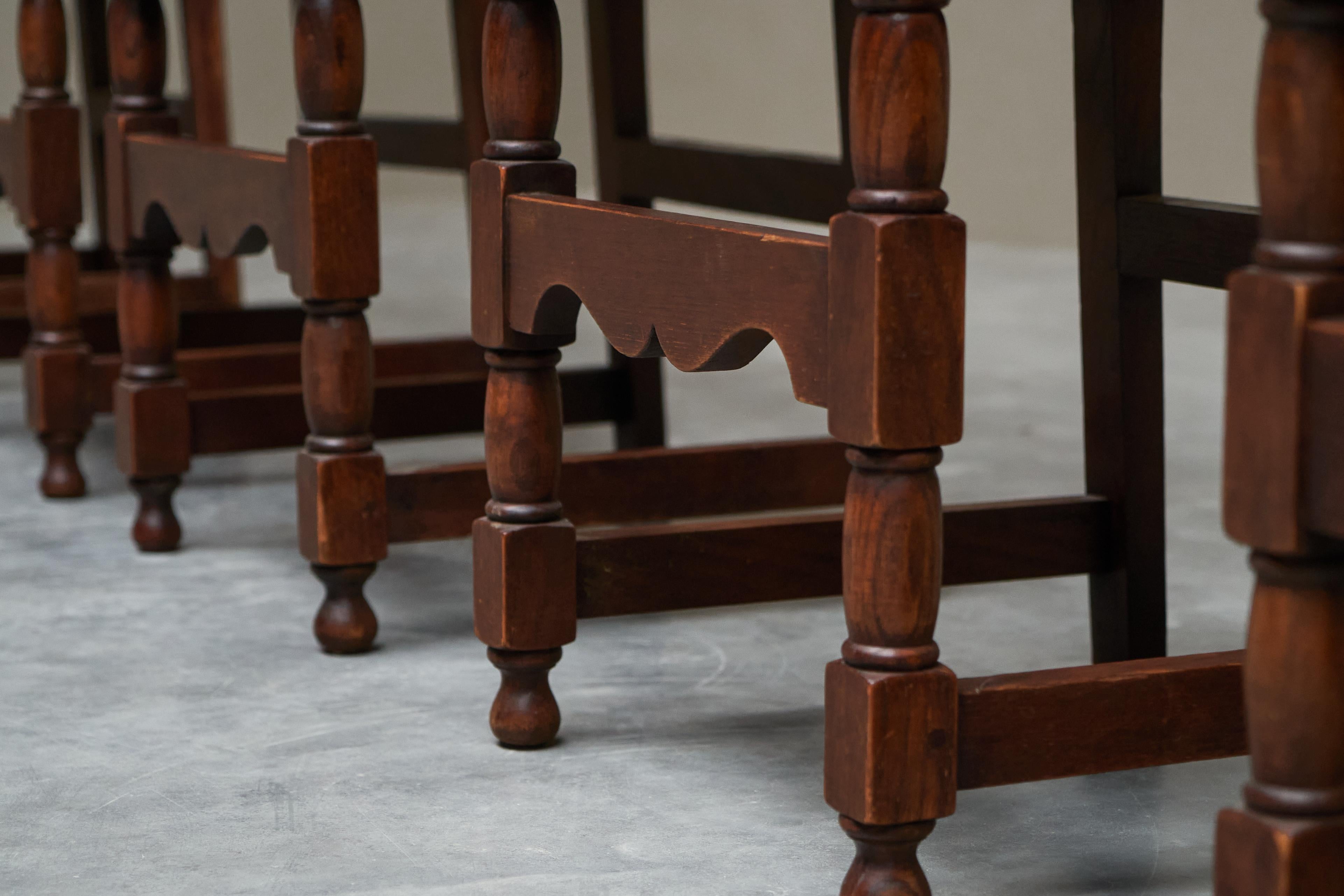Set of 6 'Spanish' Chairs in Solid Oak, Leather and Brass Europe 1960s For Sale 3