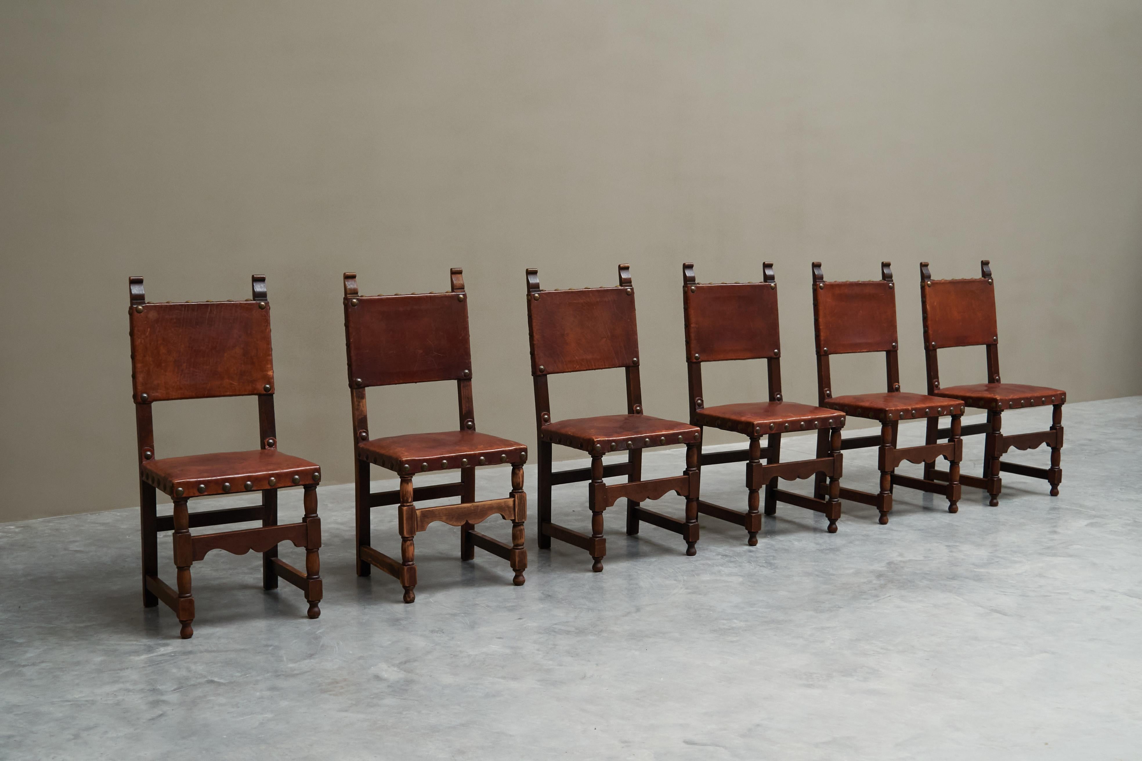 Hand-Crafted Set of 6 'Spanish' Chairs in Solid Oak, Leather and Brass Europe 1960s For Sale