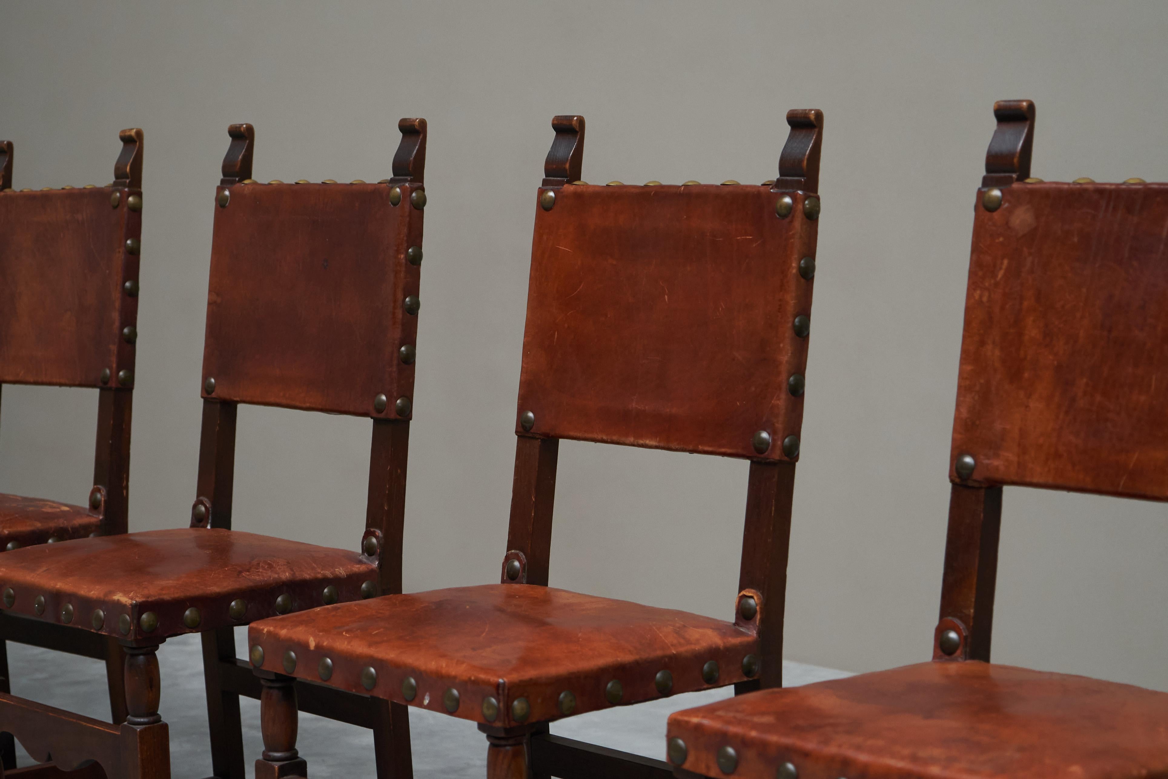 Set of 6 'Spanish' Chairs in Solid Oak, Leather and Brass Europe 1960s For Sale 1