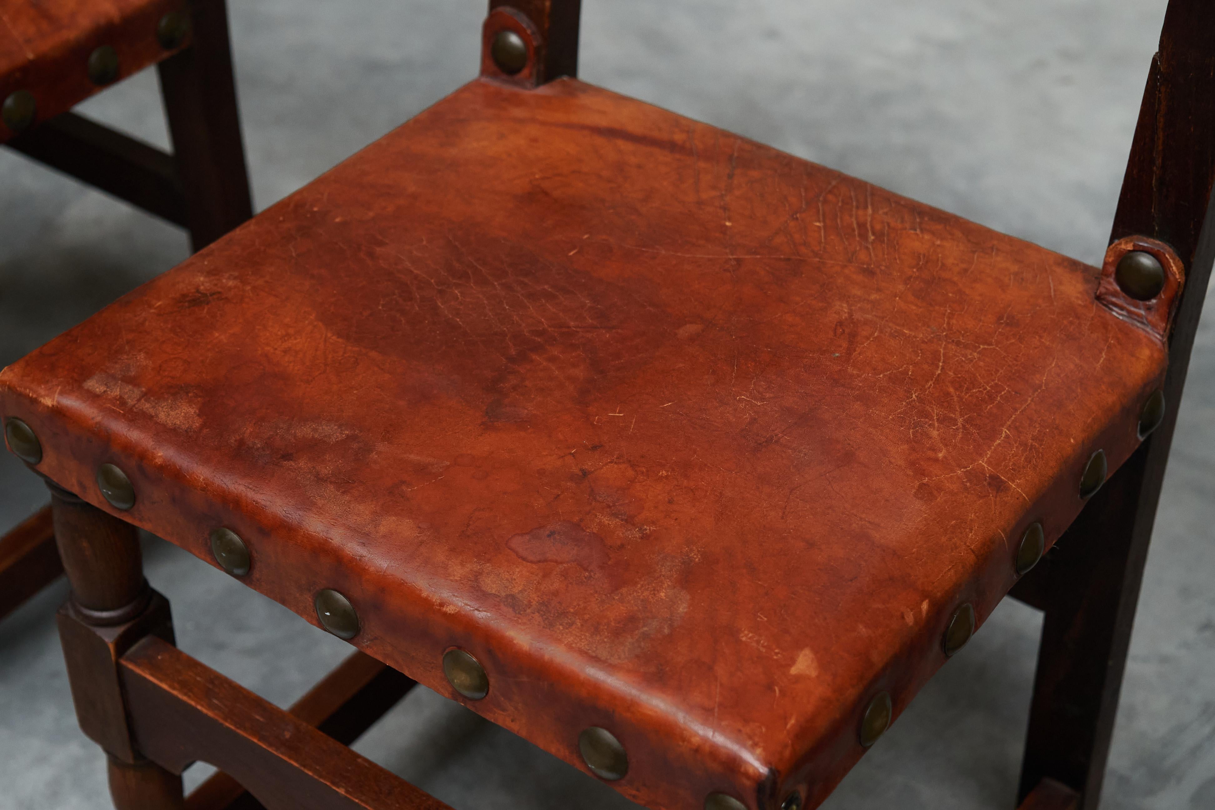 Set of 6 'Spanish' Chairs in Solid Oak, Leather and Brass Europe 1960s For Sale 2