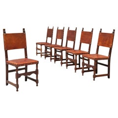 Set of 6 'Spanish' Chairs in Solid Oak, Leather and Brass Europe 1960s