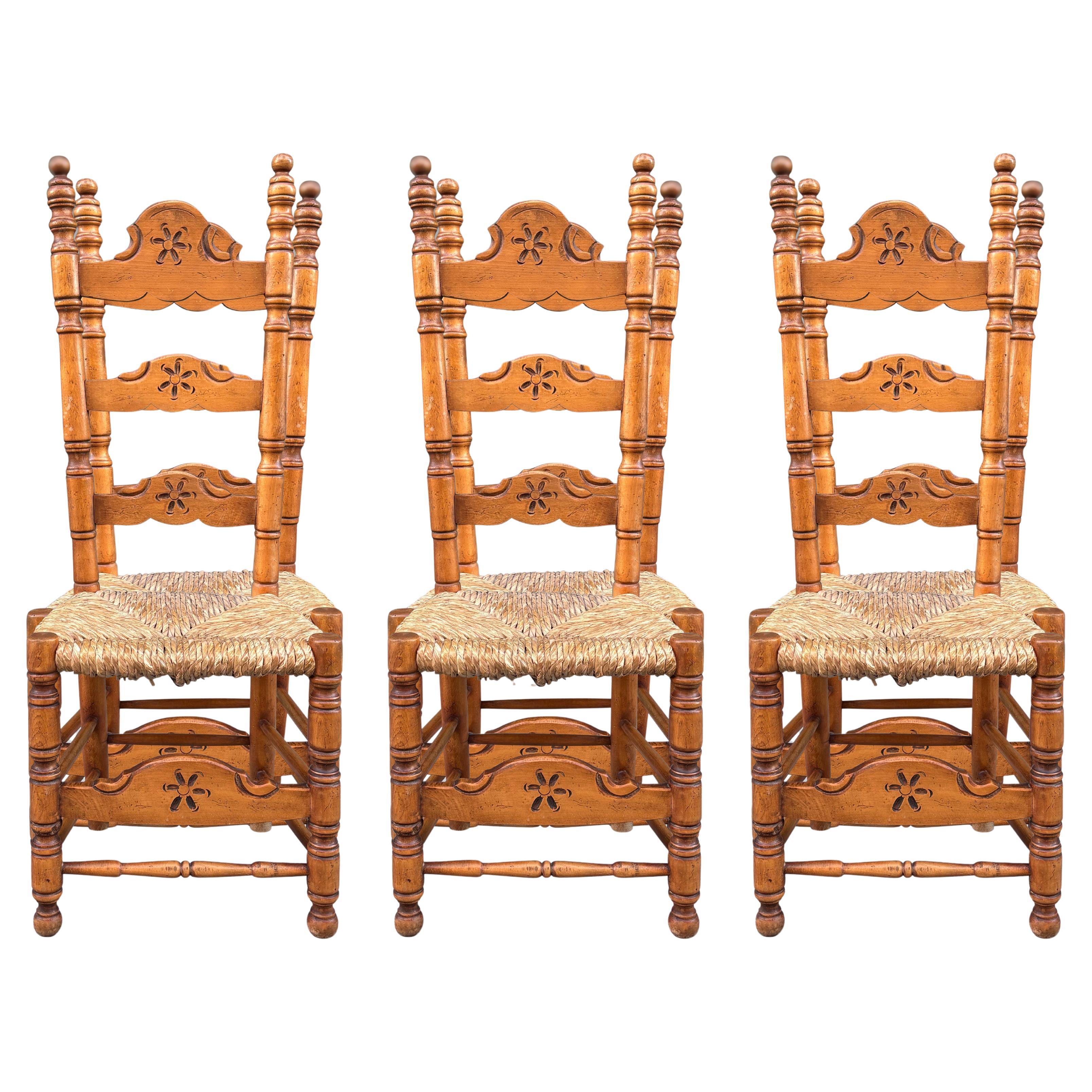 Set of 6 Spanish Country Style Ladder Back Rush Seat Dining Chairs