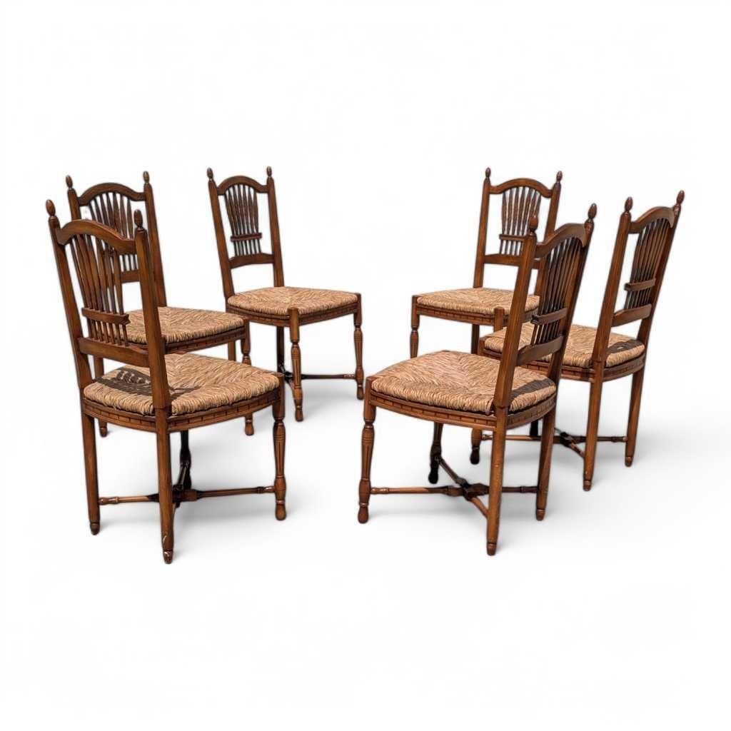 Set di 6 sedie da pranzo spagnole, sedute in giunco intrecciato, schienali intagliati in covoni di grano 1950 3