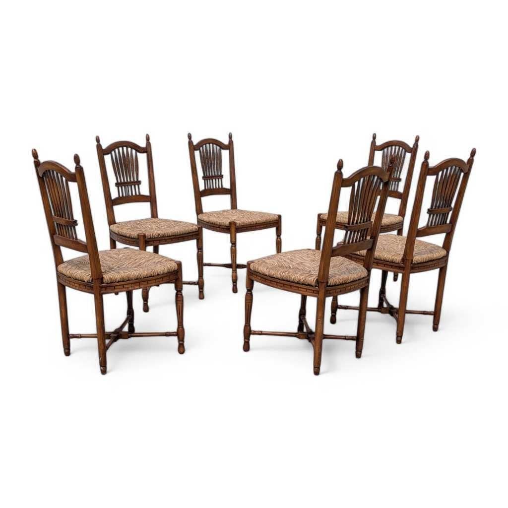 Set di 6 sedie da pranzo spagnole, sedute in giunco intrecciato, schienali intagliati in covoni di grano 1950 5