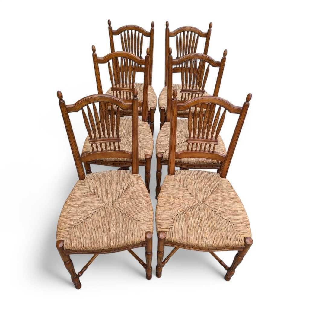 Set di 6 sedie da pranzo spagnole, sedute in giunco intrecciato, schienali intagliati in covoni di grano 1950 7