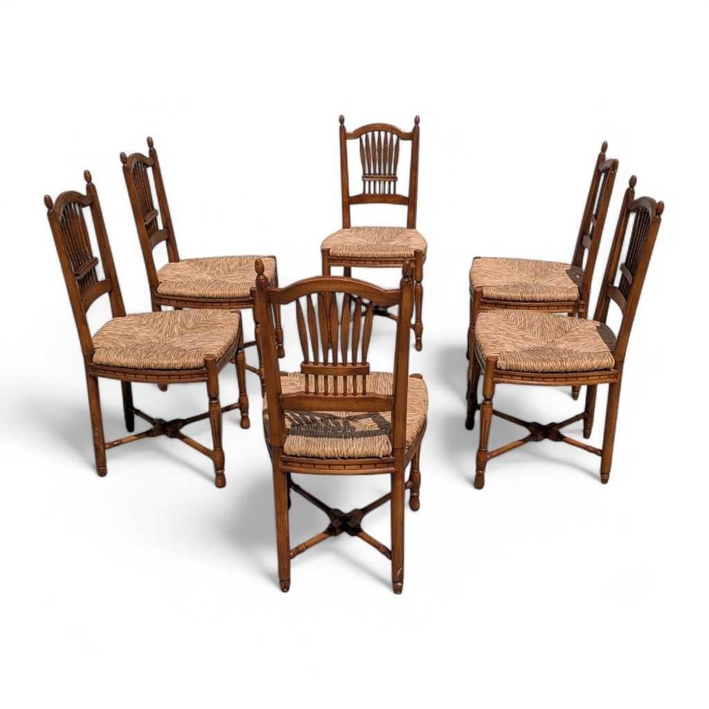 Set di 6 sedie da pranzo spagnole, sedute in giunco intrecciato, schienali intagliati in covoni di grano 1950 8