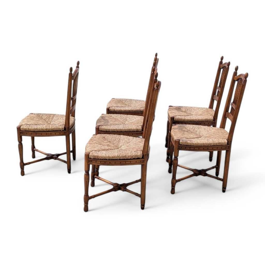 Set di 6 sedie da pranzo spagnole, sedute in giunco intrecciato, schienali intagliati in covoni di grano 1950 11