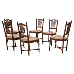 Set of 6 Spanish Dining Chairs, Woven Rush Seats, Carved Wheat Sheaf Backs 1950s