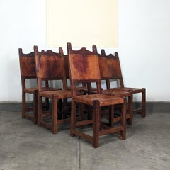 Set of 6 Spanish Hand-Crafted Wood & Cognac Studded Leather Dining Chairs