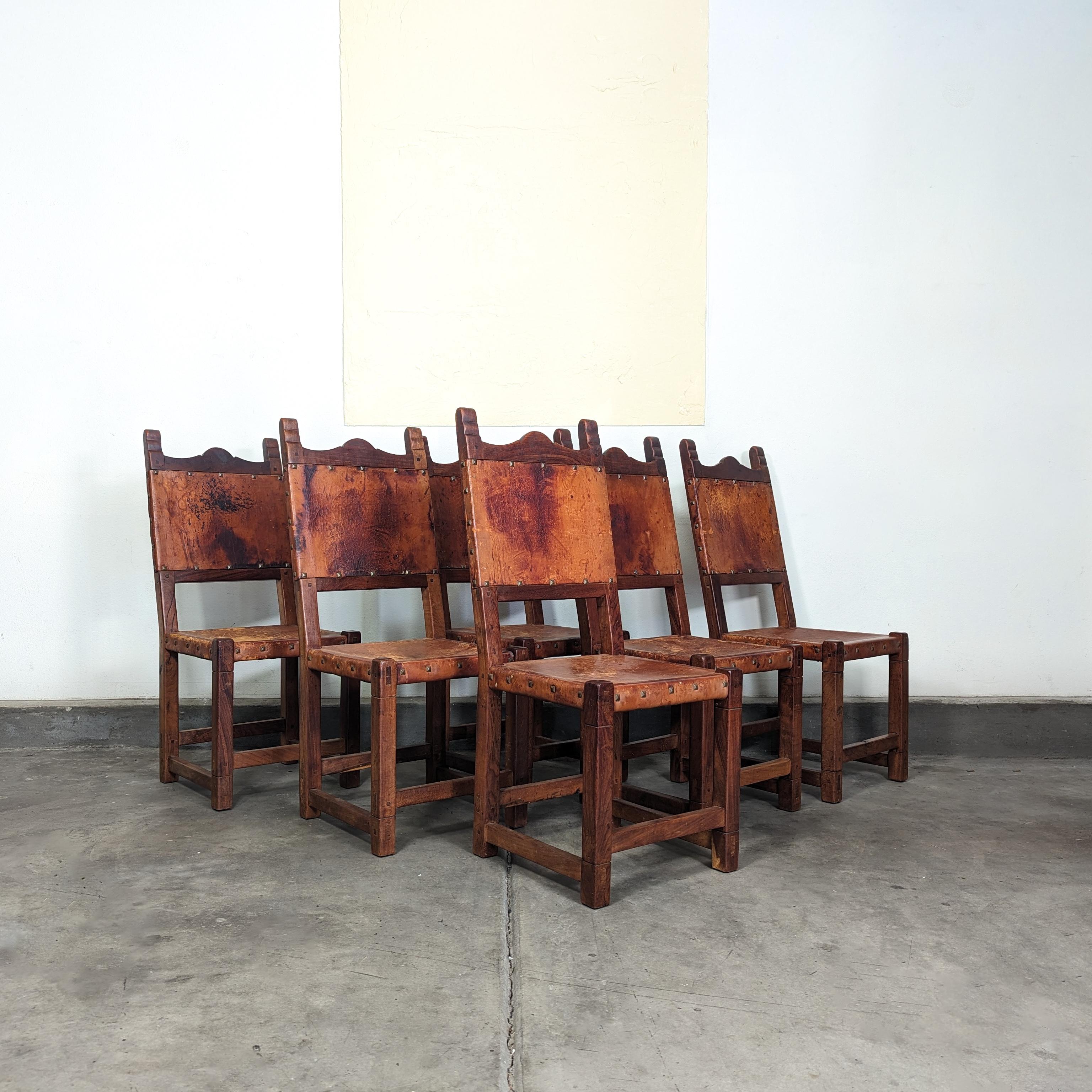 Spanish Colonial Set of 6 Spanish Hand-Crafted Wood & Cognac Studded Leather Dining Chairs