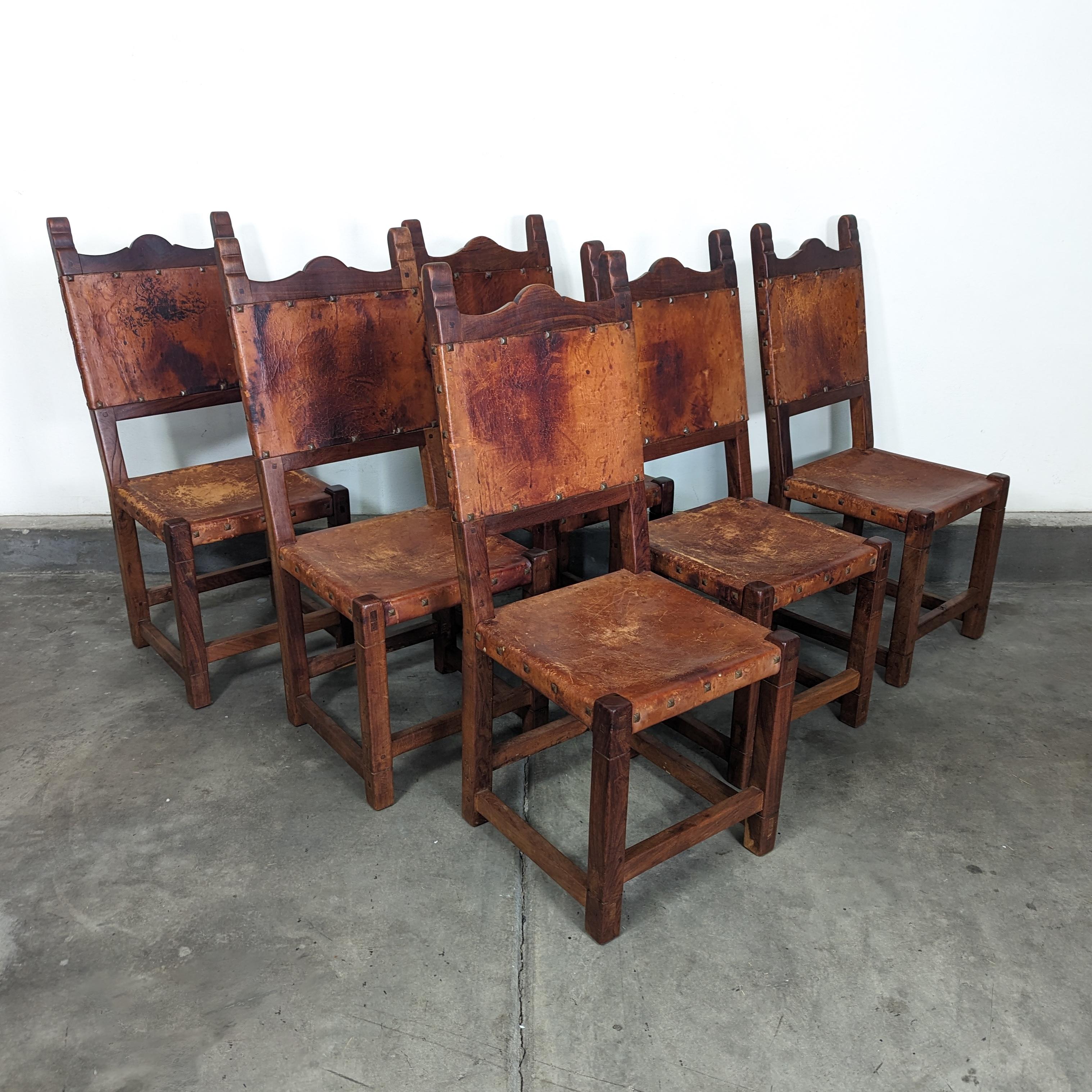 Set of 6 Spanish Hand-Crafted Wood & Cognac Studded Leather Dining Chairs In Good Condition In Chino Hills, CA