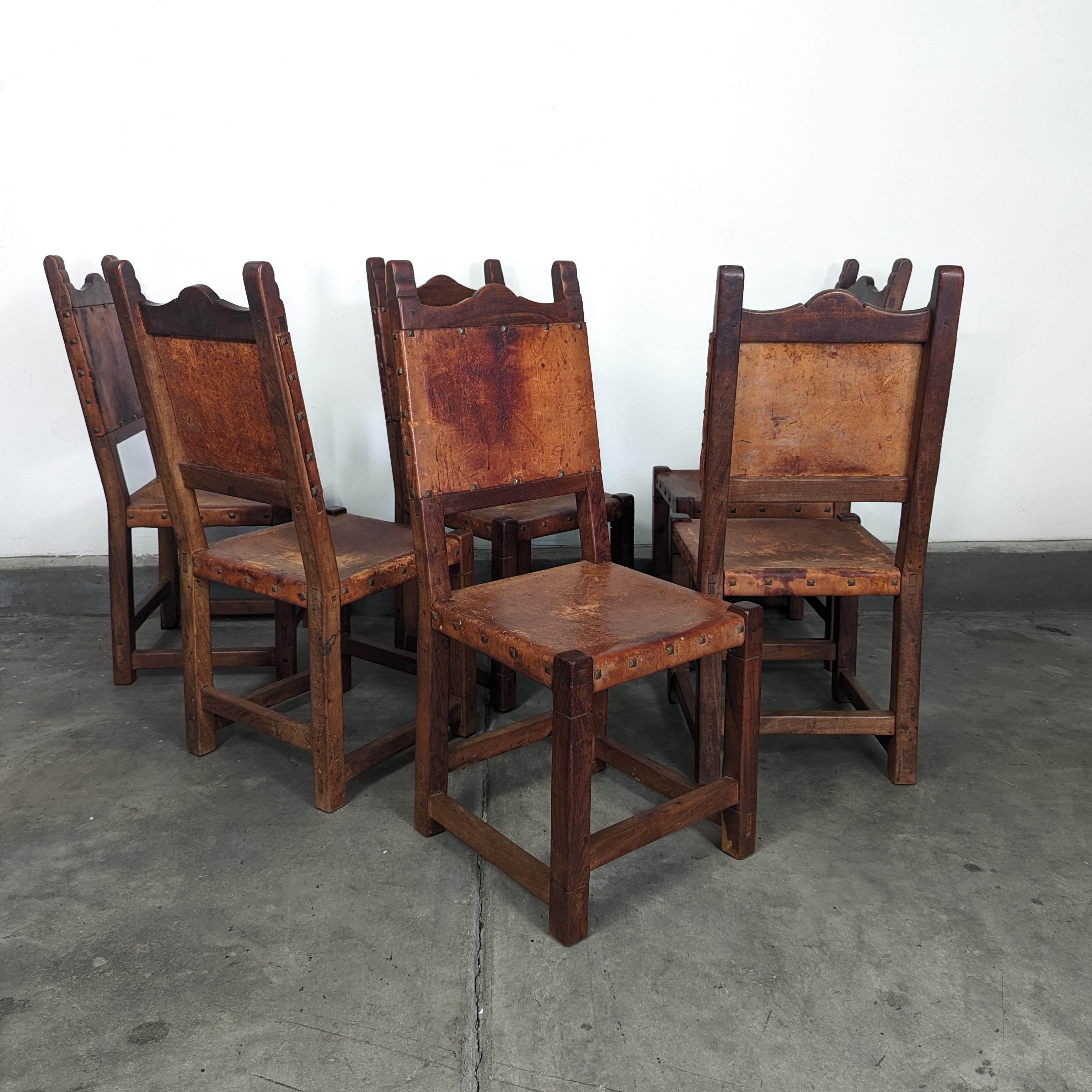 20th Century Set of 6 Spanish Hand-Crafted Wood & Cognac Studded Leather Dining Chairs