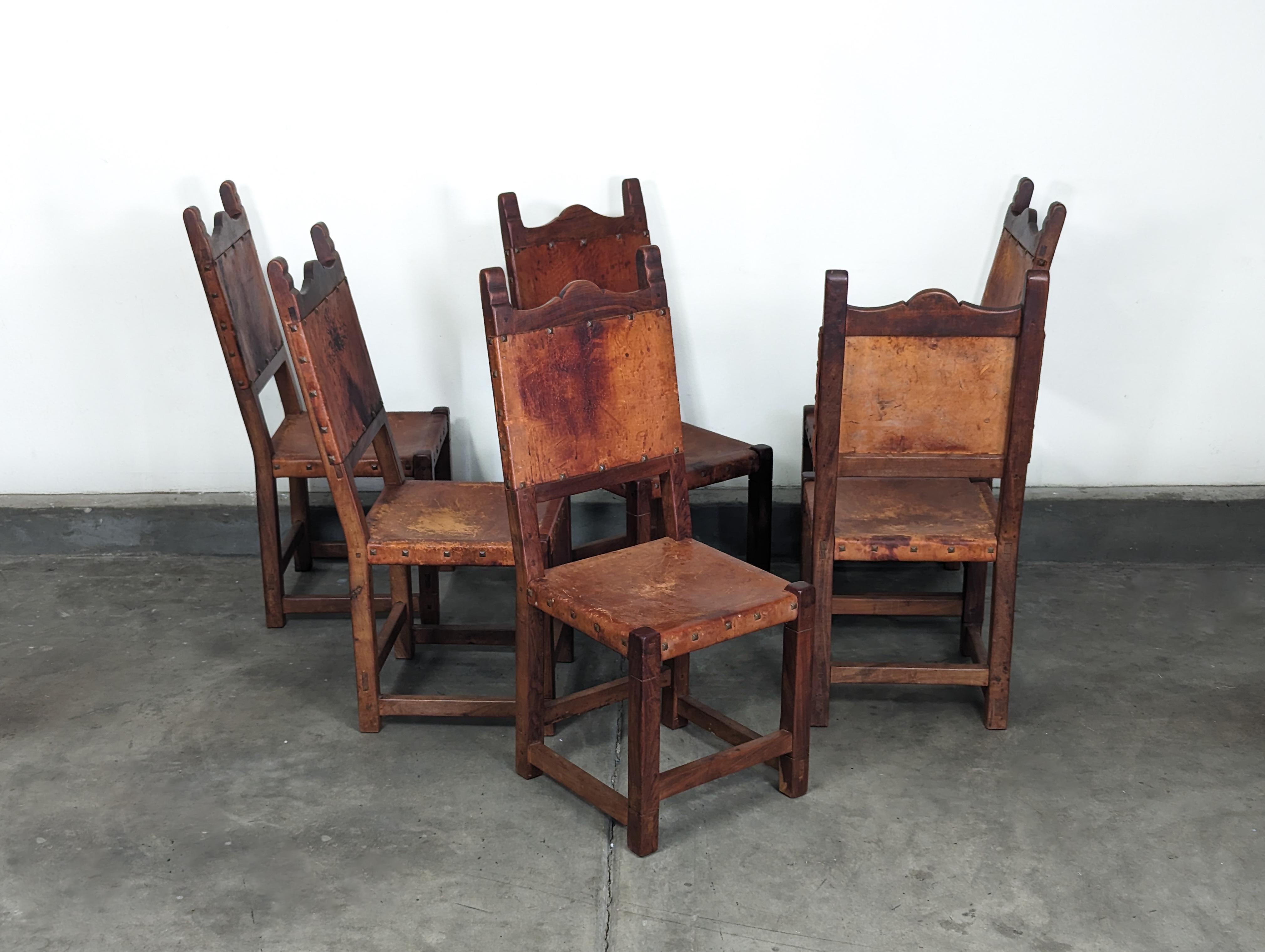 Set of 6 Spanish Hand-Crafted Wood & Cognac Studded Leather Dining Chairs 1