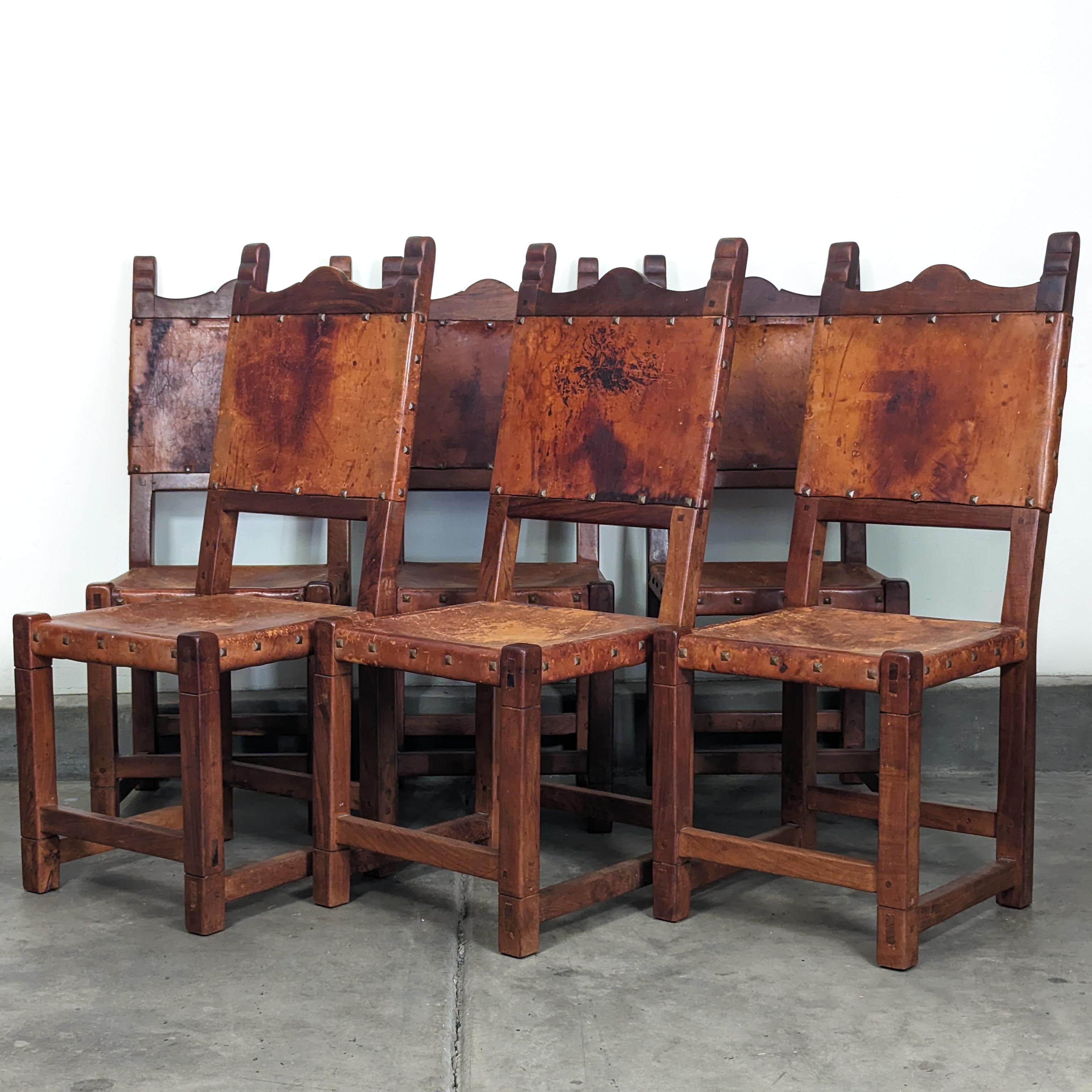 Set of 6 Spanish Hand-Crafted Wood & Cognac Studded Leather Dining Chairs 2