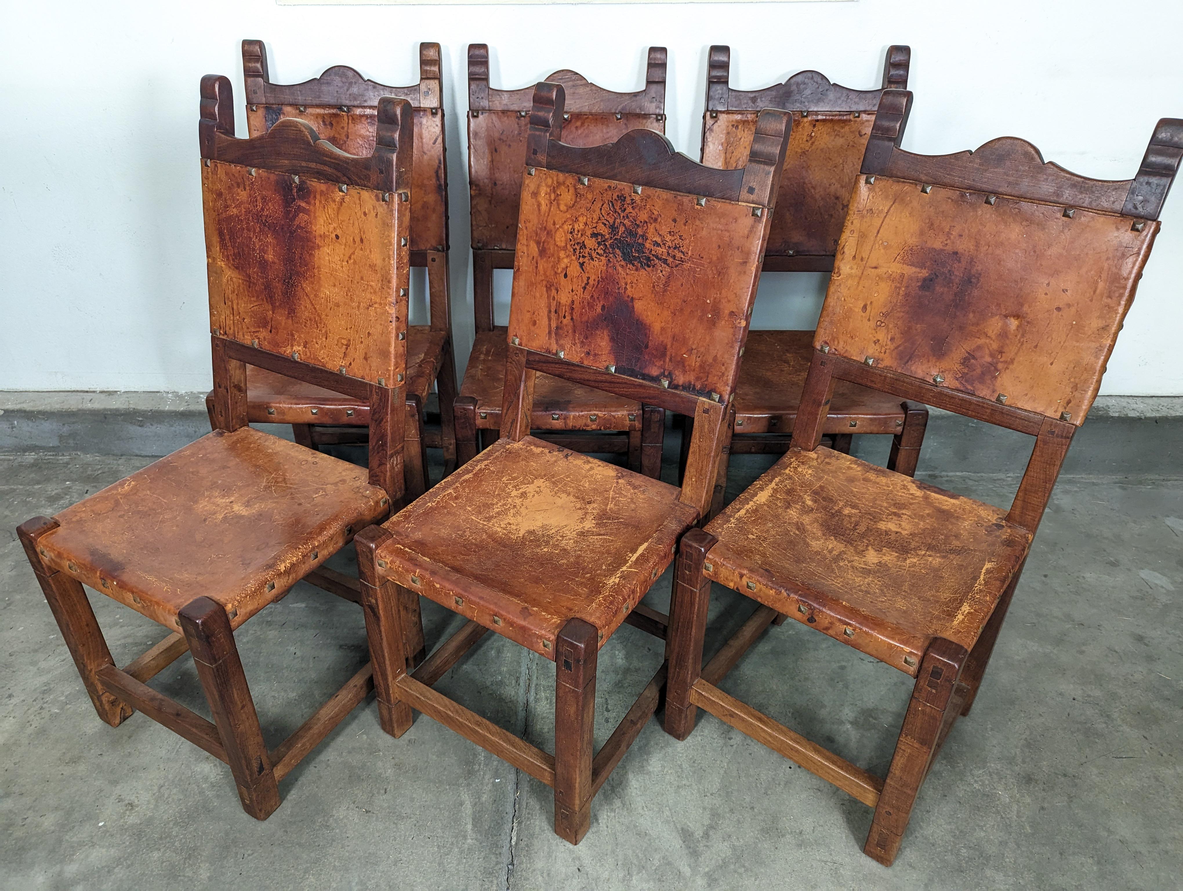 Set of 6 Spanish Hand-Crafted Wood & Cognac Studded Leather Dining Chairs 3