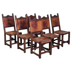 Antique Set of 6 Spanish Hand-Crafted Wood & Cognac Studded Leather Dining Chairs