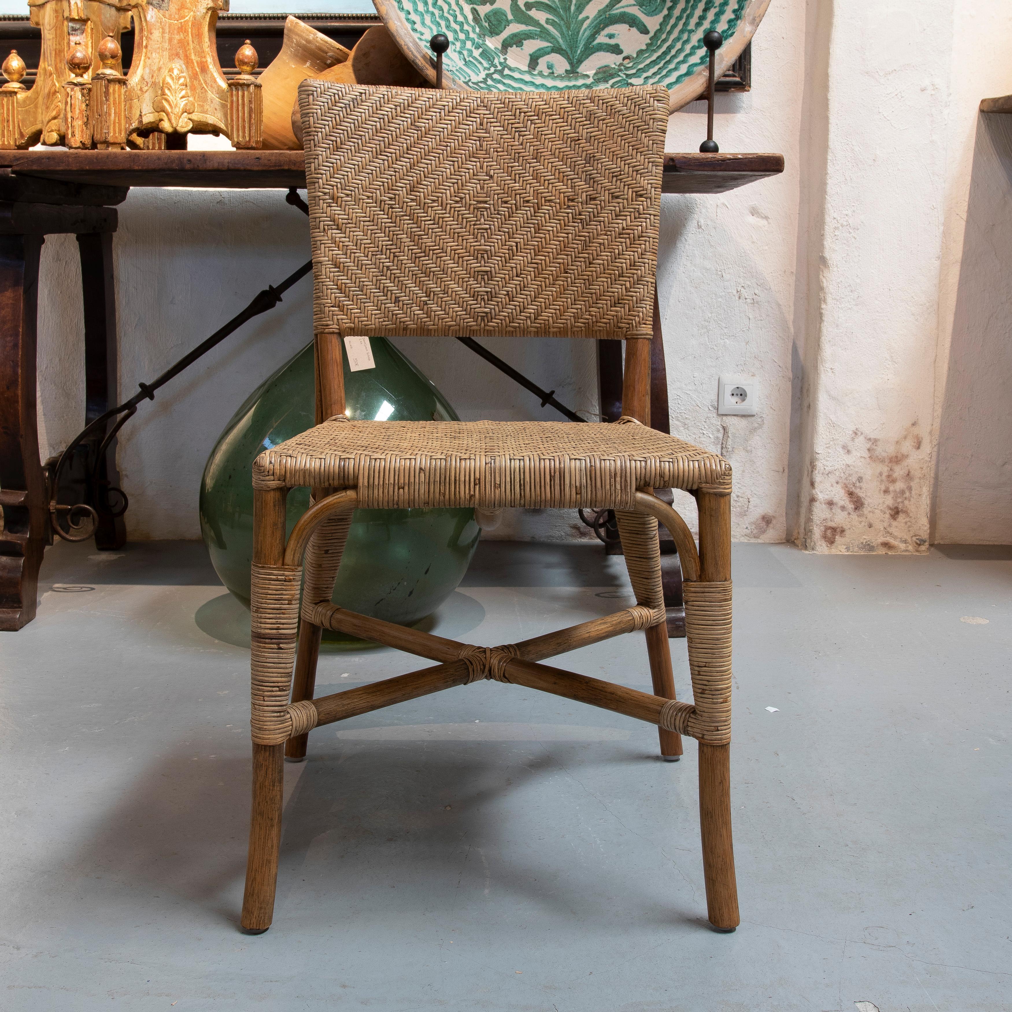 Set of 6 Spanish Modern Bamboo & Hand Woven Wicker Chairs In Good Condition For Sale In Marbella, ES
