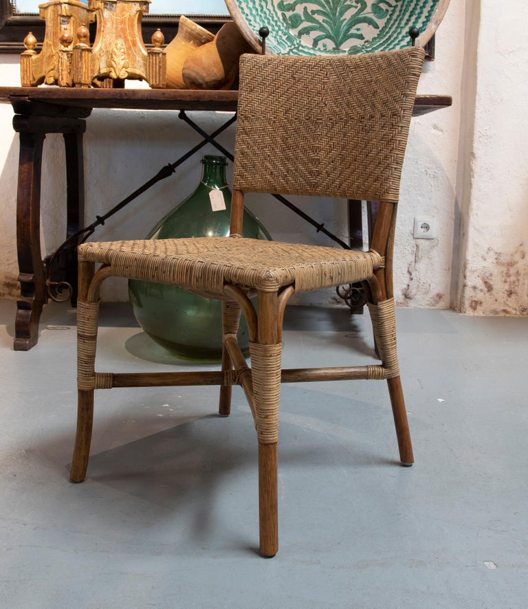 Set of 6 Spanish Modern Bamboo and Hand Woven Wicker Chairs For Sale at