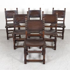 Set of 6 Spanish Renaissance Style Leather and Oak Side Chairs Nailhead Trim