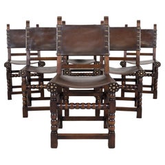 Set of 6 Spanish Renaissance Style Leather and Oak Side Chairs Nailhead Trim