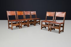 Set of 6 Spanish Walnut & Patinated Leather Dining Chairs, 1940s–1950s
