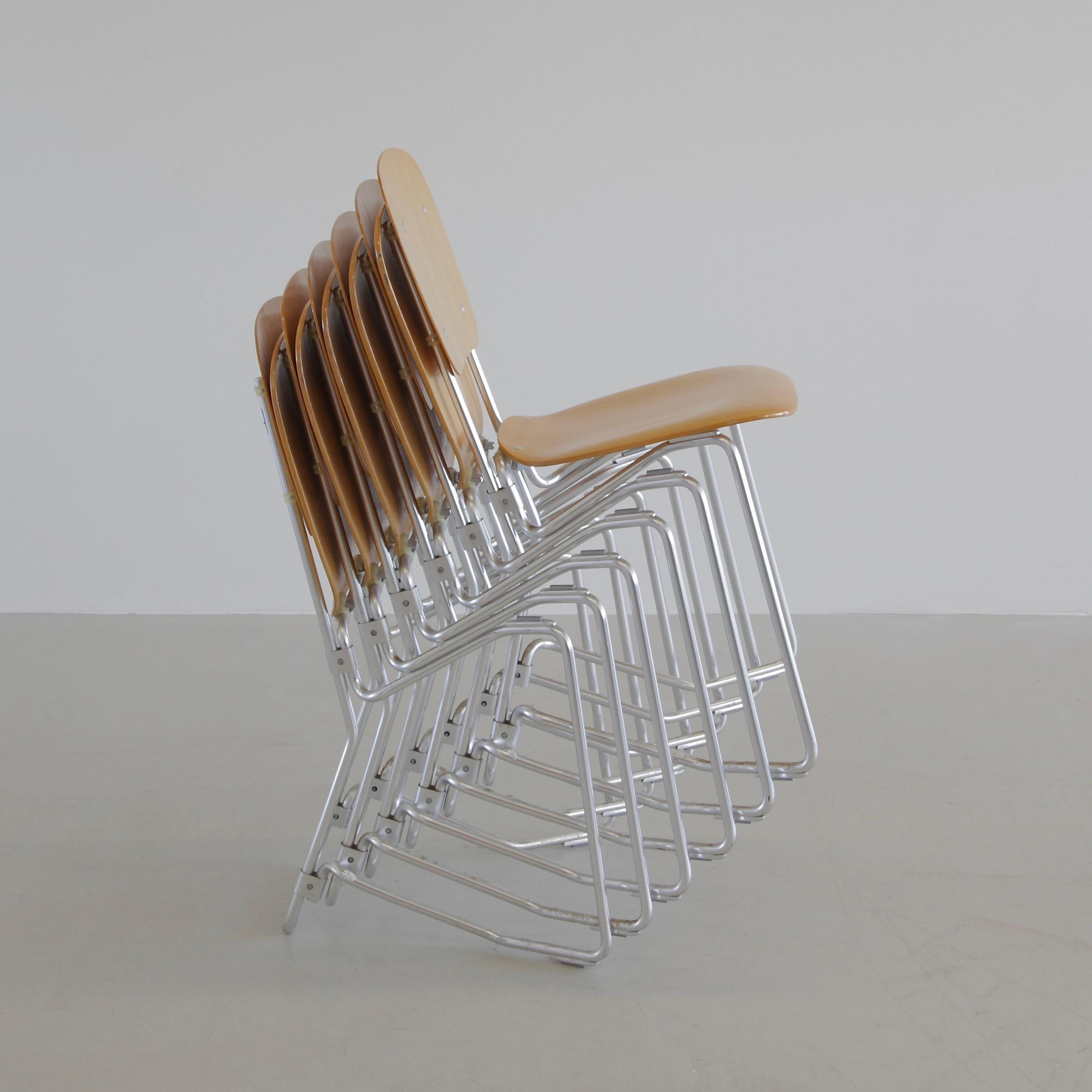 Aluminum Set of 6 stackable ALUFLEX Chairs by Armin WIRTH, 1960's