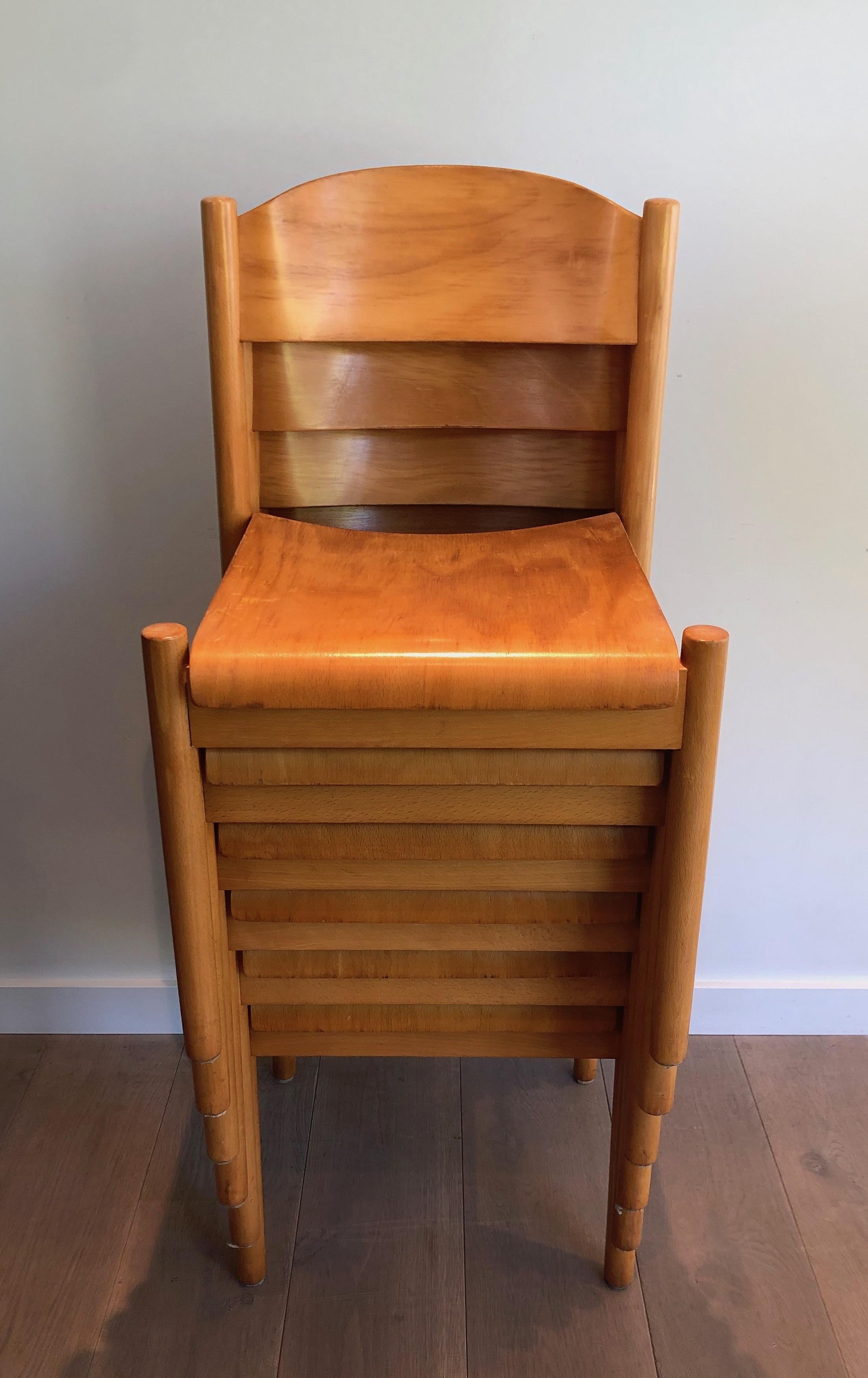 Set of 6 Stackable Pine Chairs, German Work by Karl Klipper, Circa 1970 For Sale 6