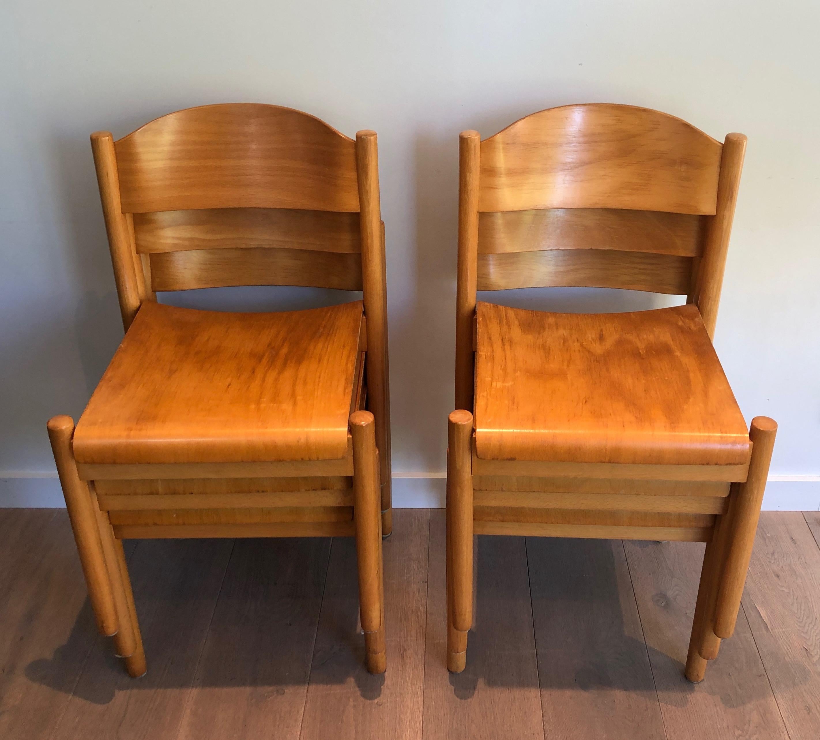 Mid-Century Modern Set of 6 Stackable Pine Chairs, German Work by Karl Klipper, Circa 1970 For Sale