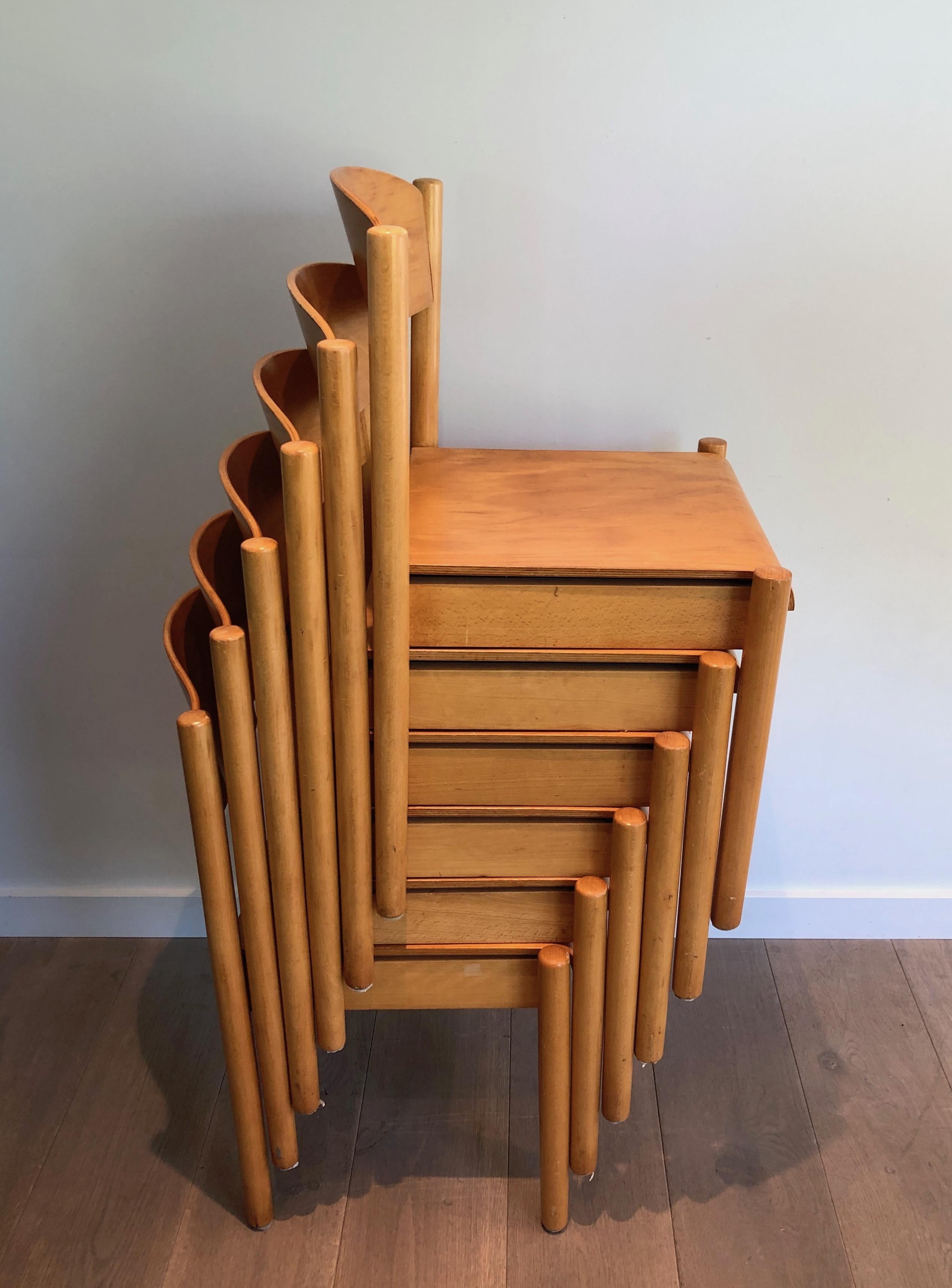 French Set of 6 Stackable Pine Chairs, German Work by Karl Klipper, Circa 1970 For Sale