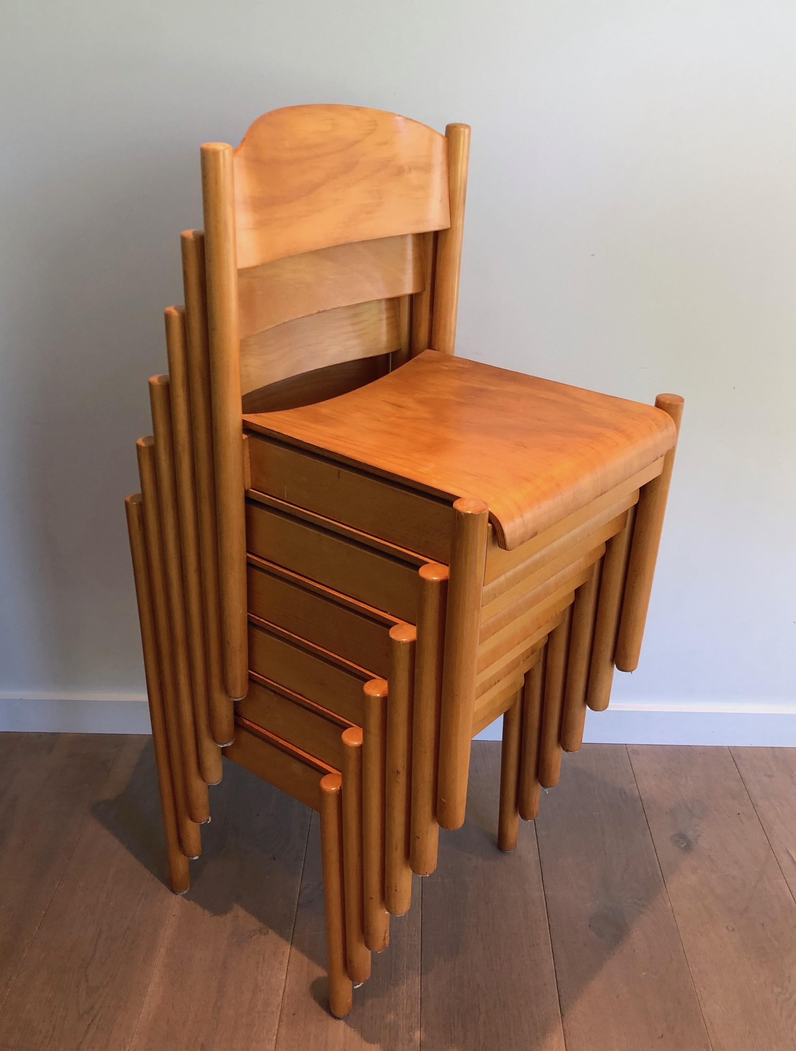 Set of 6 Stackable Pine Chairs, German Work by Karl Klipper, Circa 1970 In Good Condition For Sale In Marcq-en-Barœul, Hauts-de-France