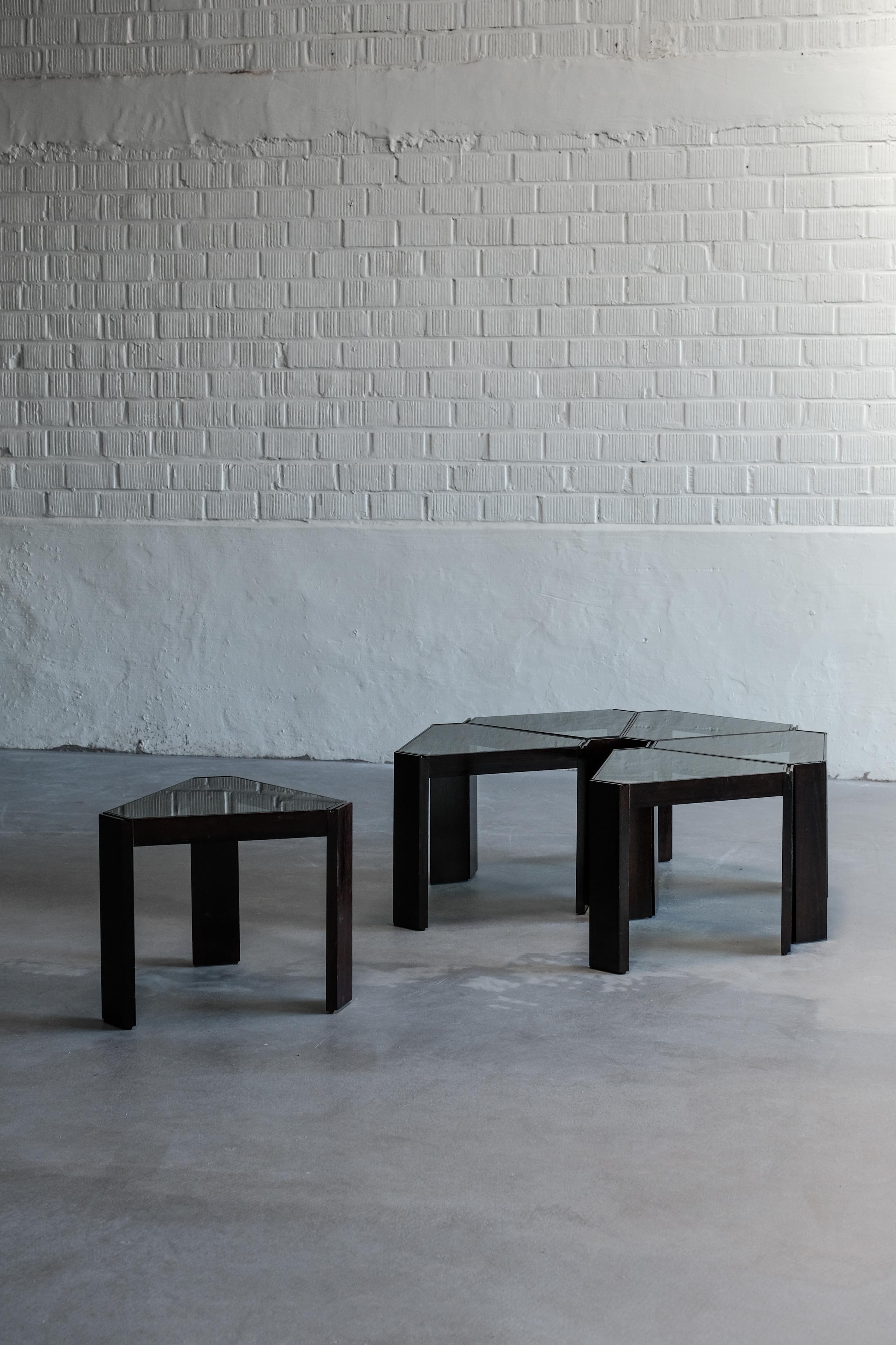 Stunning Set of 6 Arredi Tables,

Designed to come together seamlessly as one big circle when put together. 

Each table is in very good vintage condition. Their versatile design allows them to be stacked for easy storage or arranged in various