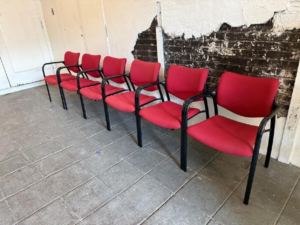 Set of 6 stacking chairs designed by Mark Goetz for Herman Miller. Red woven upholstery with black lacquer frames. All chairs stack and nest. Good dining room chairs or office chairs. Ready for use. Labeled made in USA located in Brooklyn nyc.

Sold