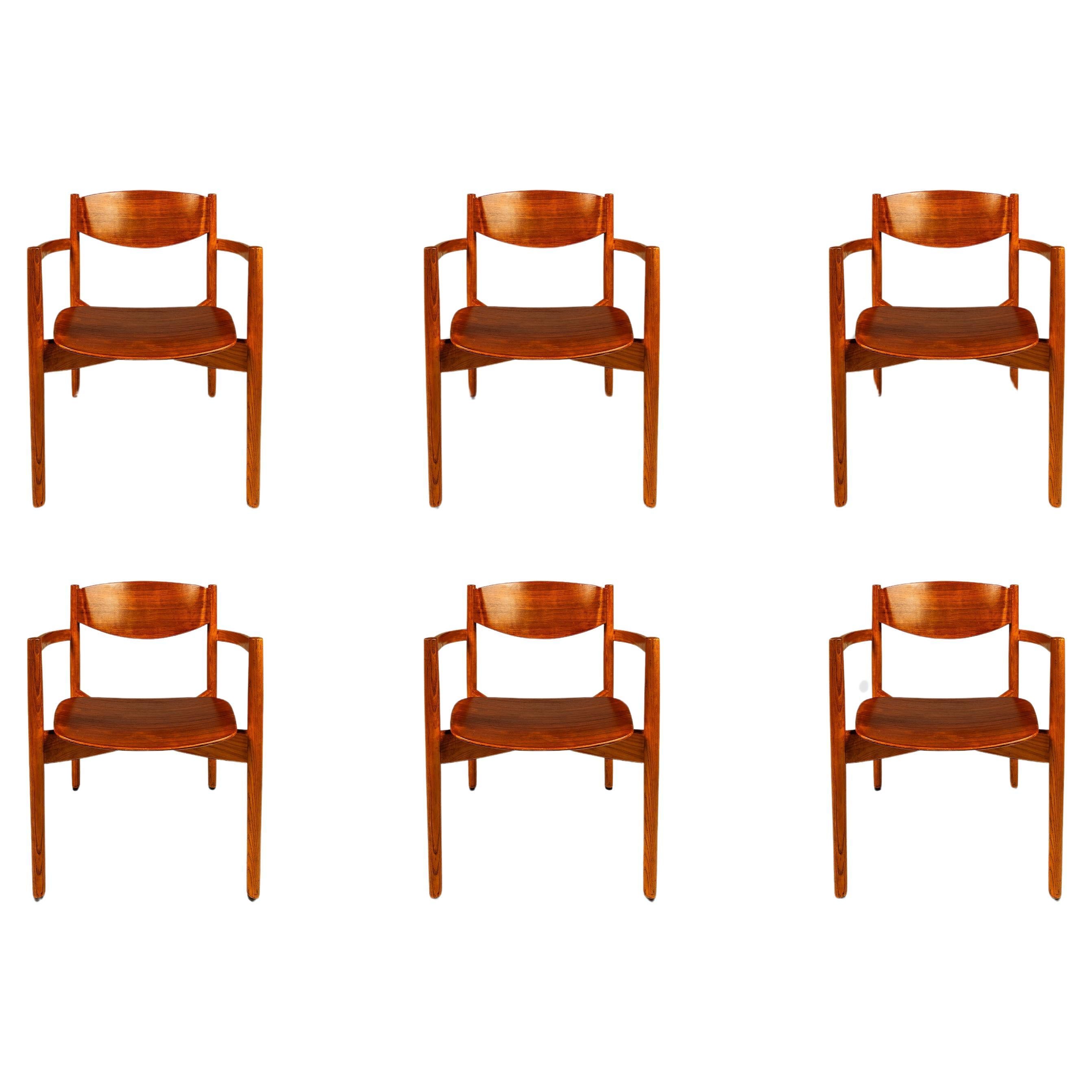 Ensemble de 6 chaises empilables en Oak Oak & Walnut par Jens Risom, USA, c. 1960s en vente