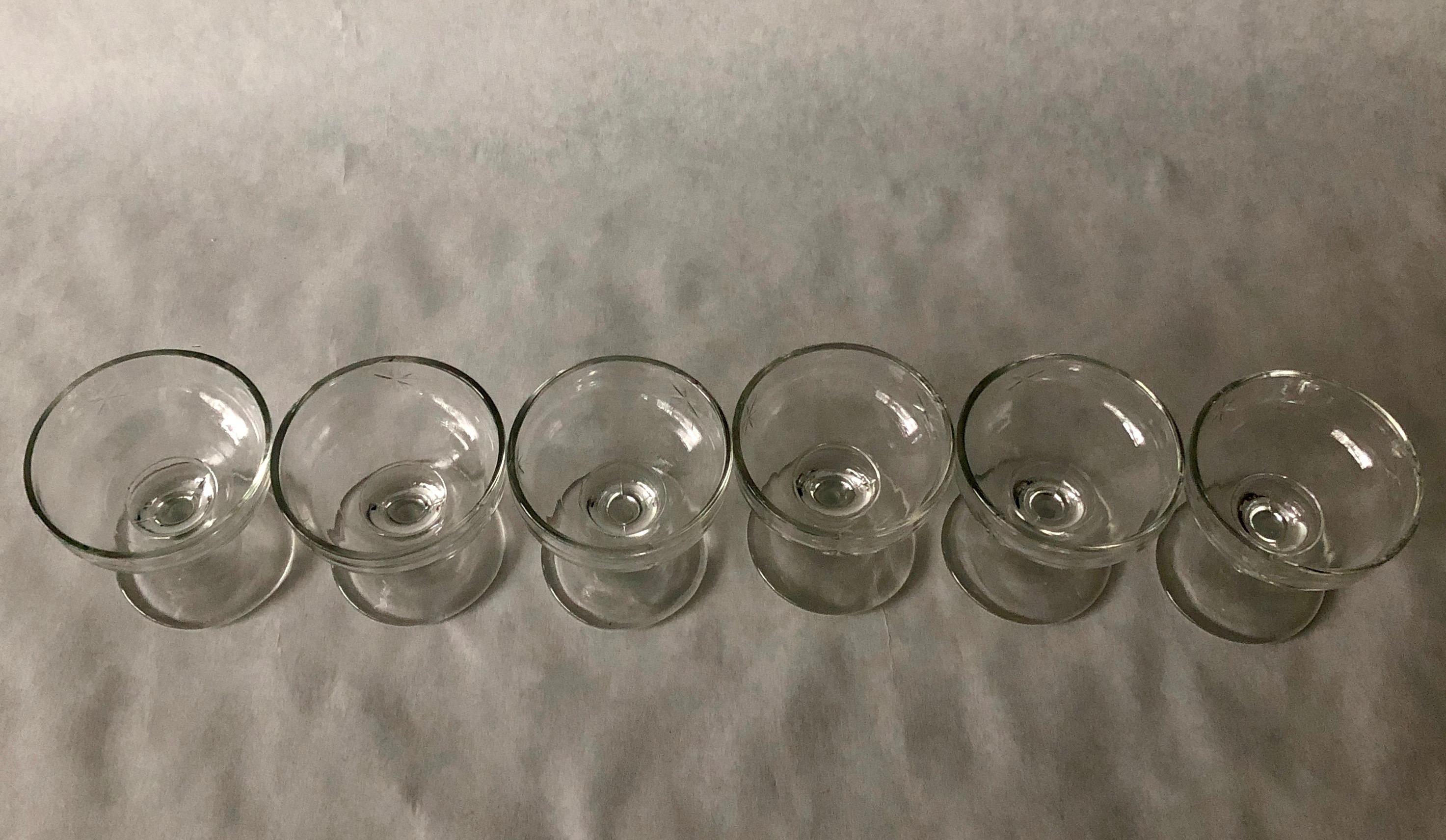 Set of 6 Starburst Etched Glass Champagne Coupe Glasses For Sale 3