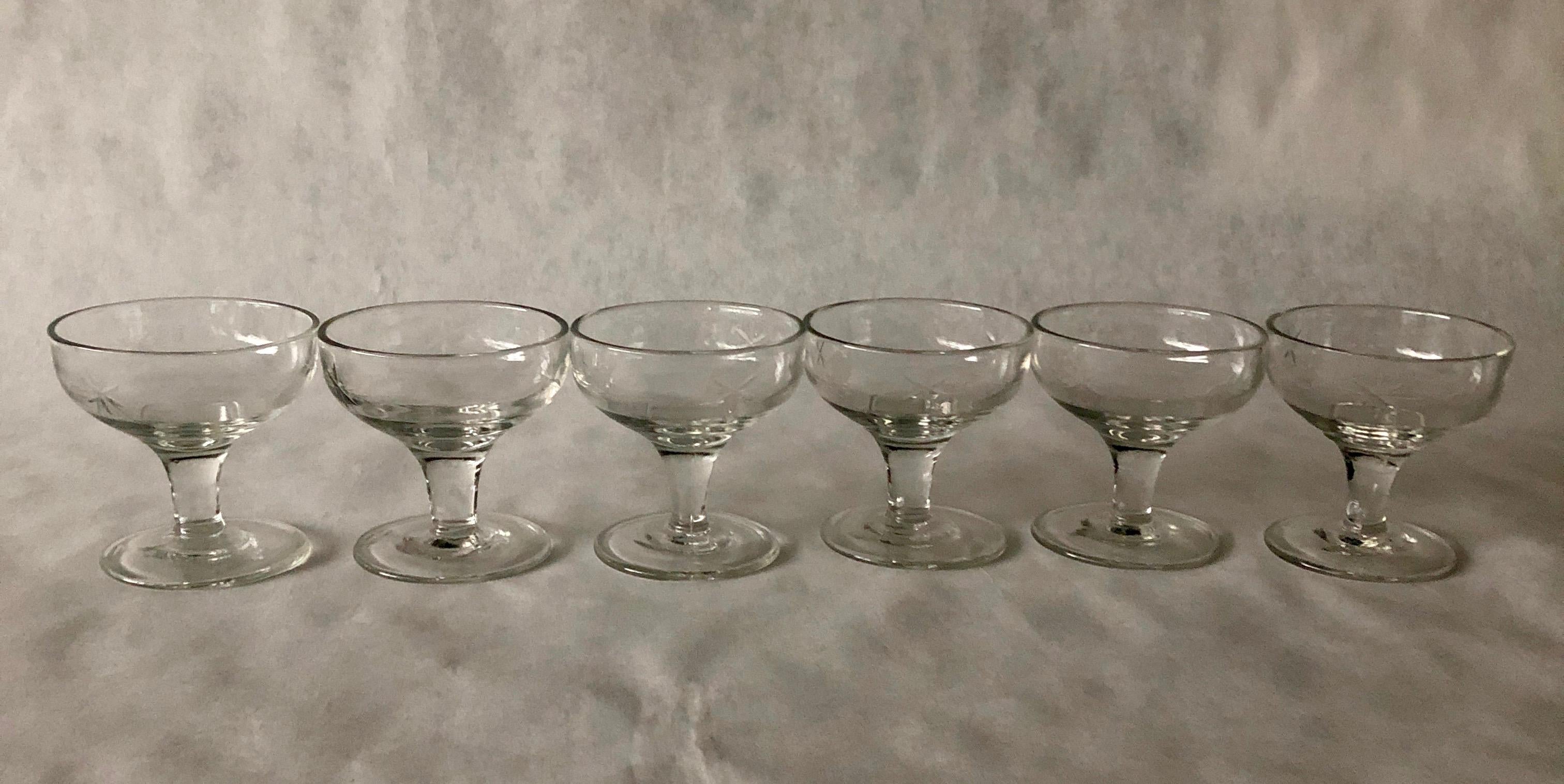 Set of 6 Starburst Etched Glass Champagne Coupe Glasses For Sale 4