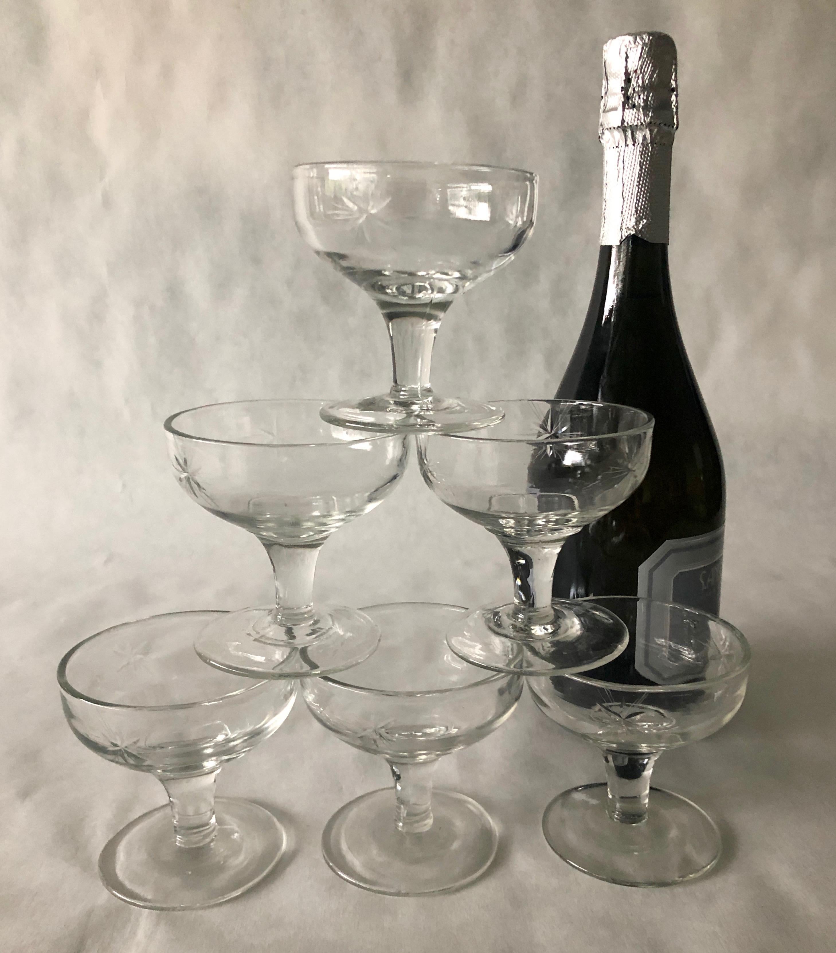 Set of 6 Starburst Etched Glass Champagne Coupe Glasses For Sale 10