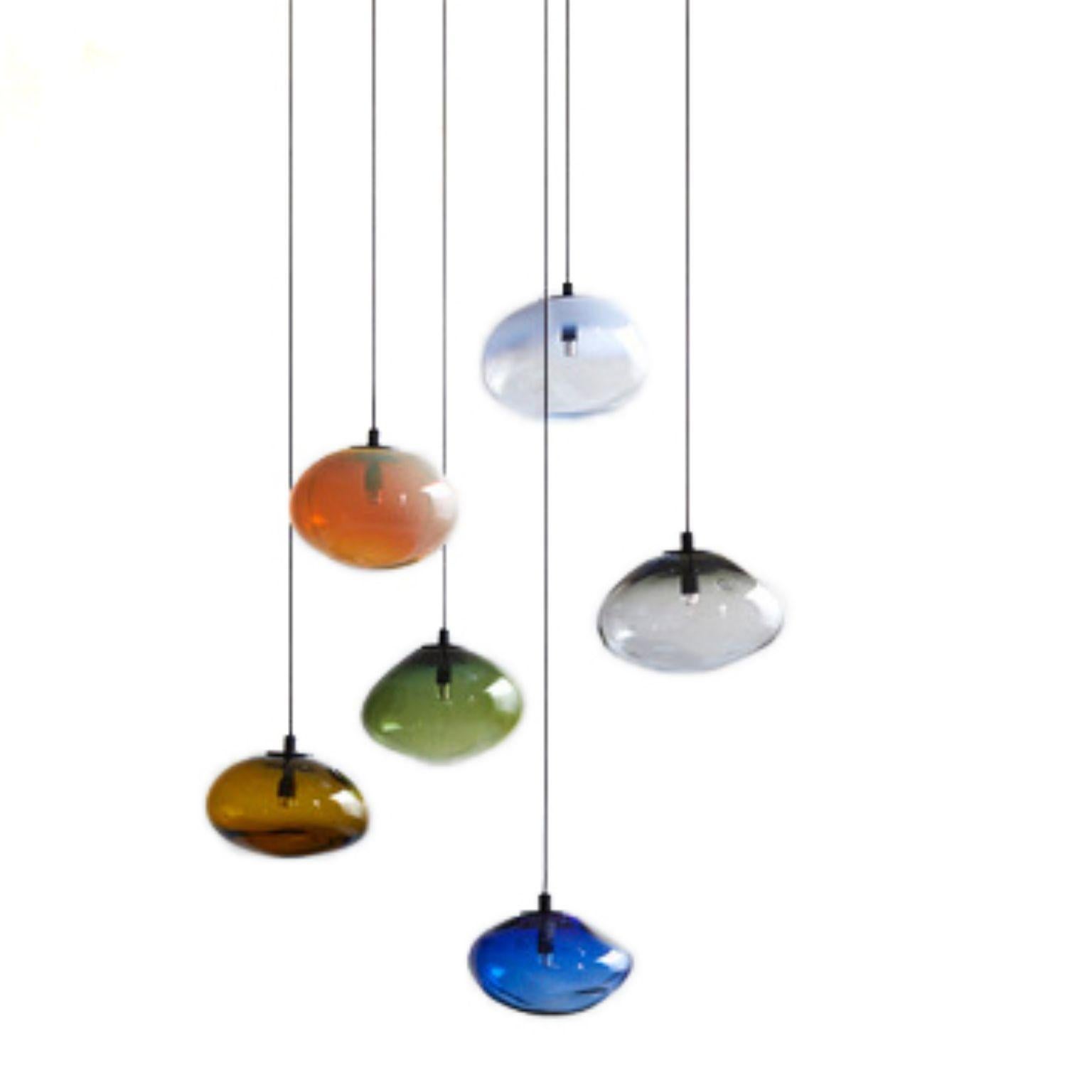 Set of 6 starglow pendants by Eloa.
No UL listed 
Material: glass, steel, silver.
Dimensions: D 34.7 x H 100 cm.
Also available in different colours and dimensions.
Colours available: yellow blue green, turmalin , green iridescent, silver smoke,