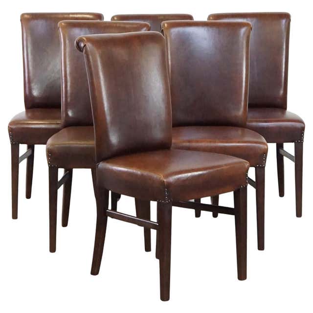 Set of 4 dark brown English cow leather chesterfield dining/side ...