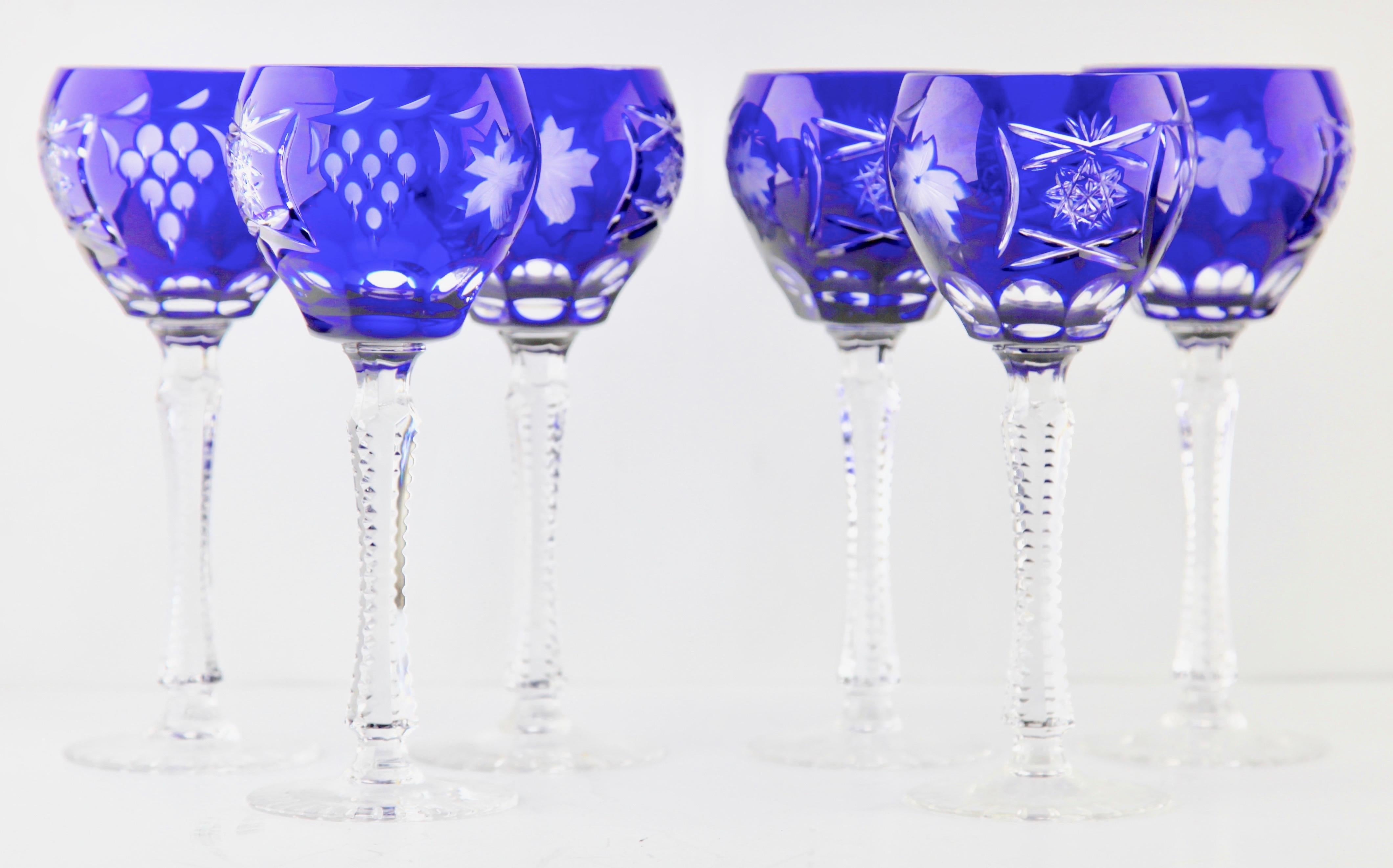 Mid-Century Modern Set of 6 Stem Glasses Cobalt Blue with Colored Overlay Cut to Clear
