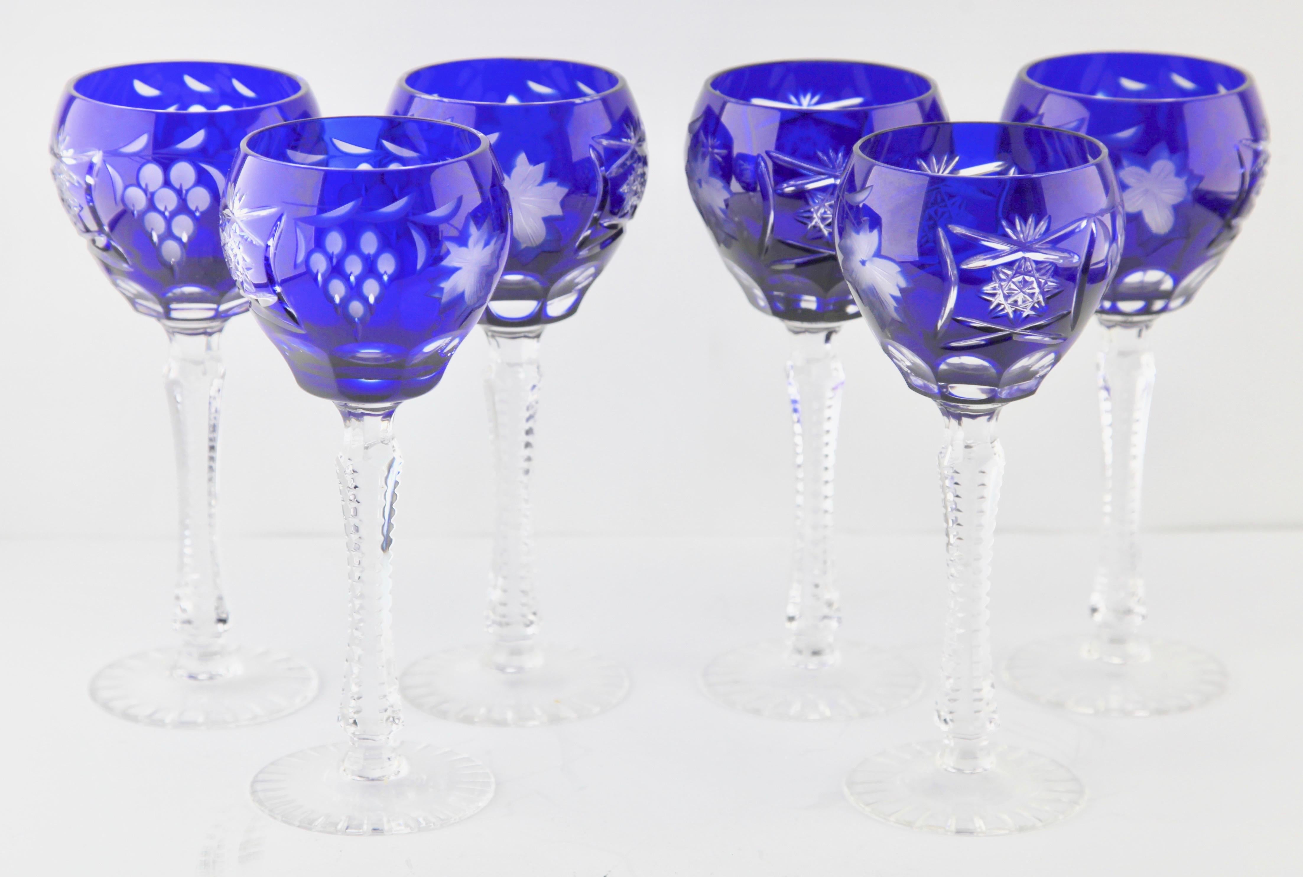 German Set of 6 Stem Glasses Cobalt Blue with Colored Overlay Cut to Clear
