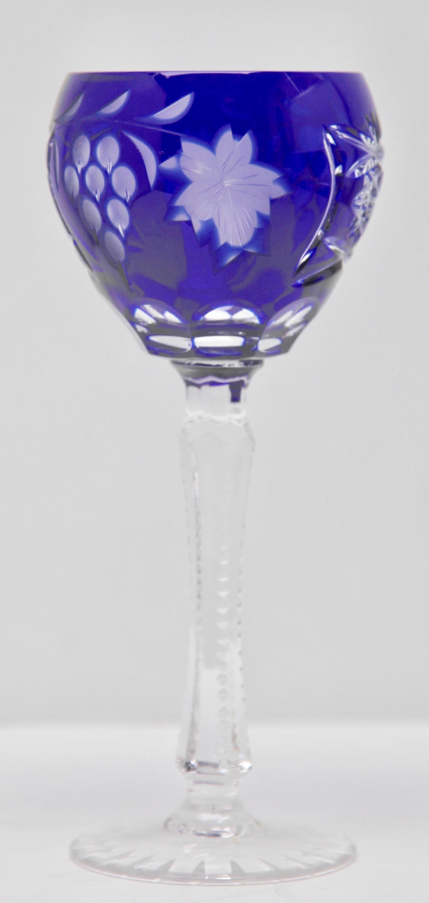 Faceted Set of 6 Stem Glasses Cobalt Blue with Colored Overlay Cut to Clear