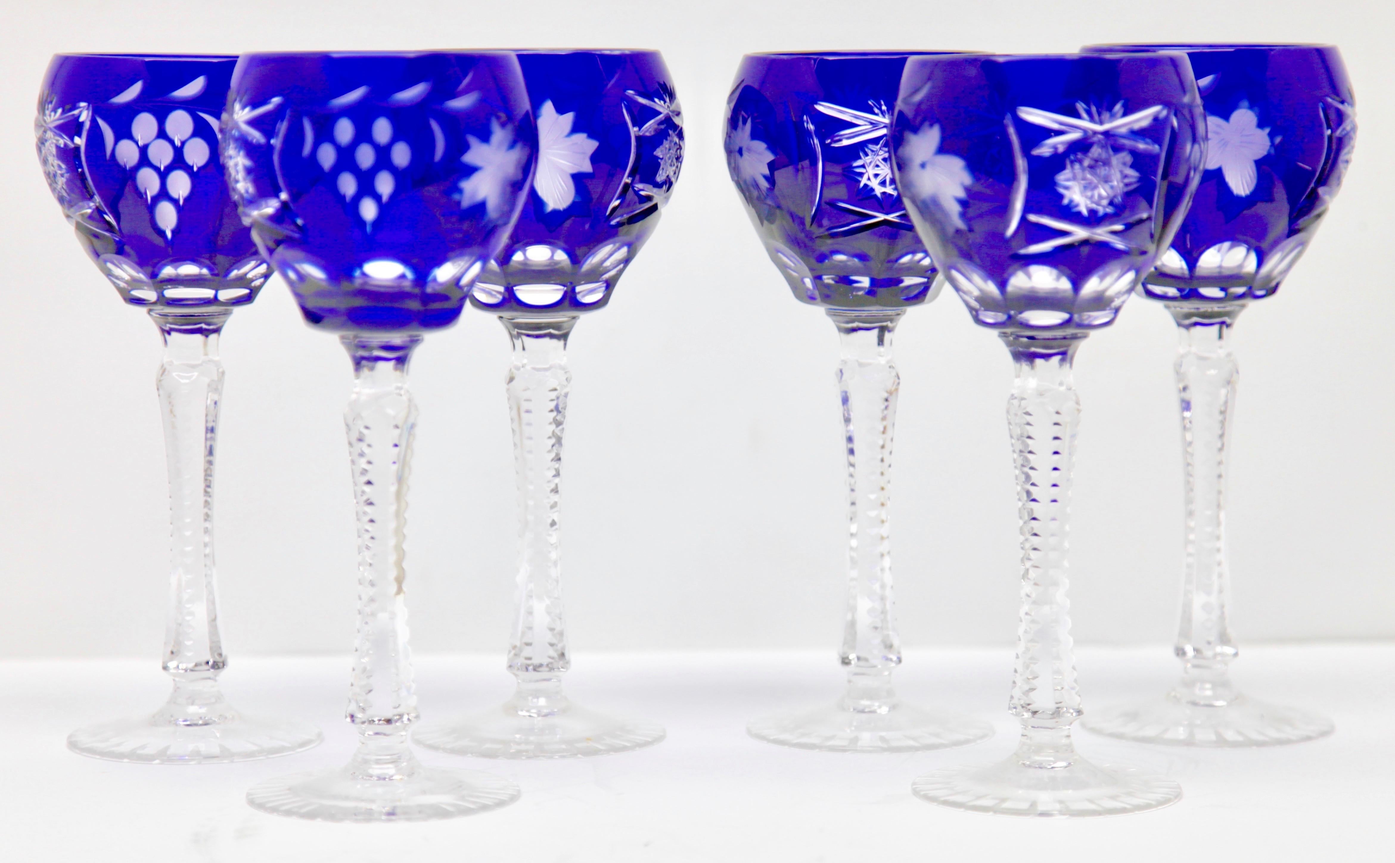 Set of 6 Stem Glasses Cobalt Blue with Colored Overlay Cut to Clear In Good Condition In Verviers, BE