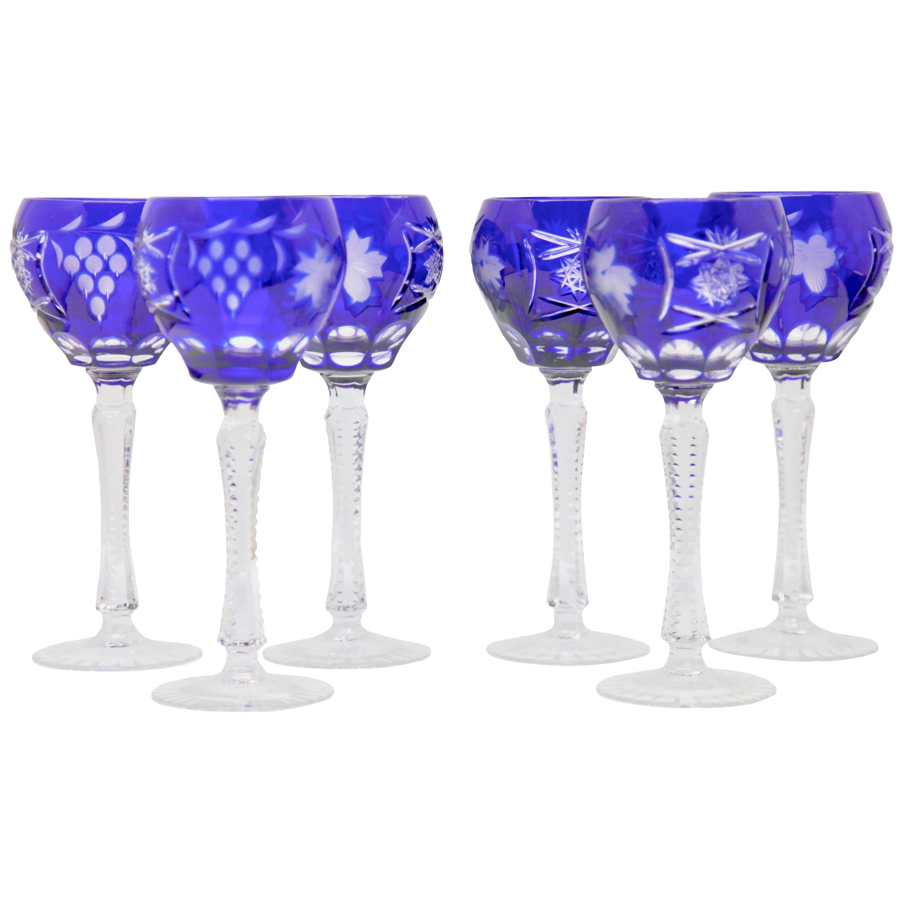Set of 6 Stem Glasses Cobalt Blue with Colored Overlay Cut to Clear