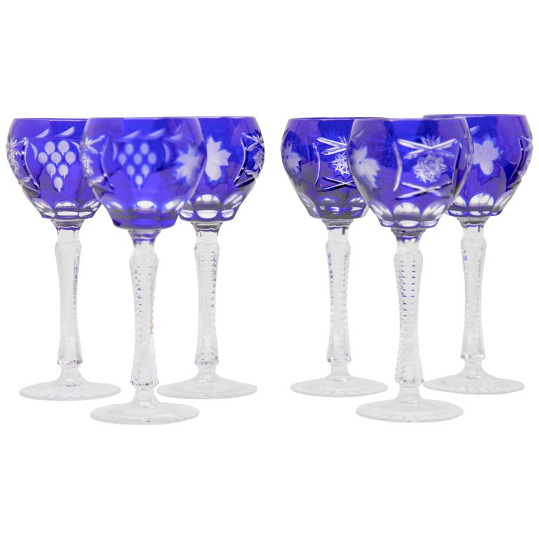 Set of 6 Stem Glasses Cobalt Blue with Colored Overlay Cut to Clear at