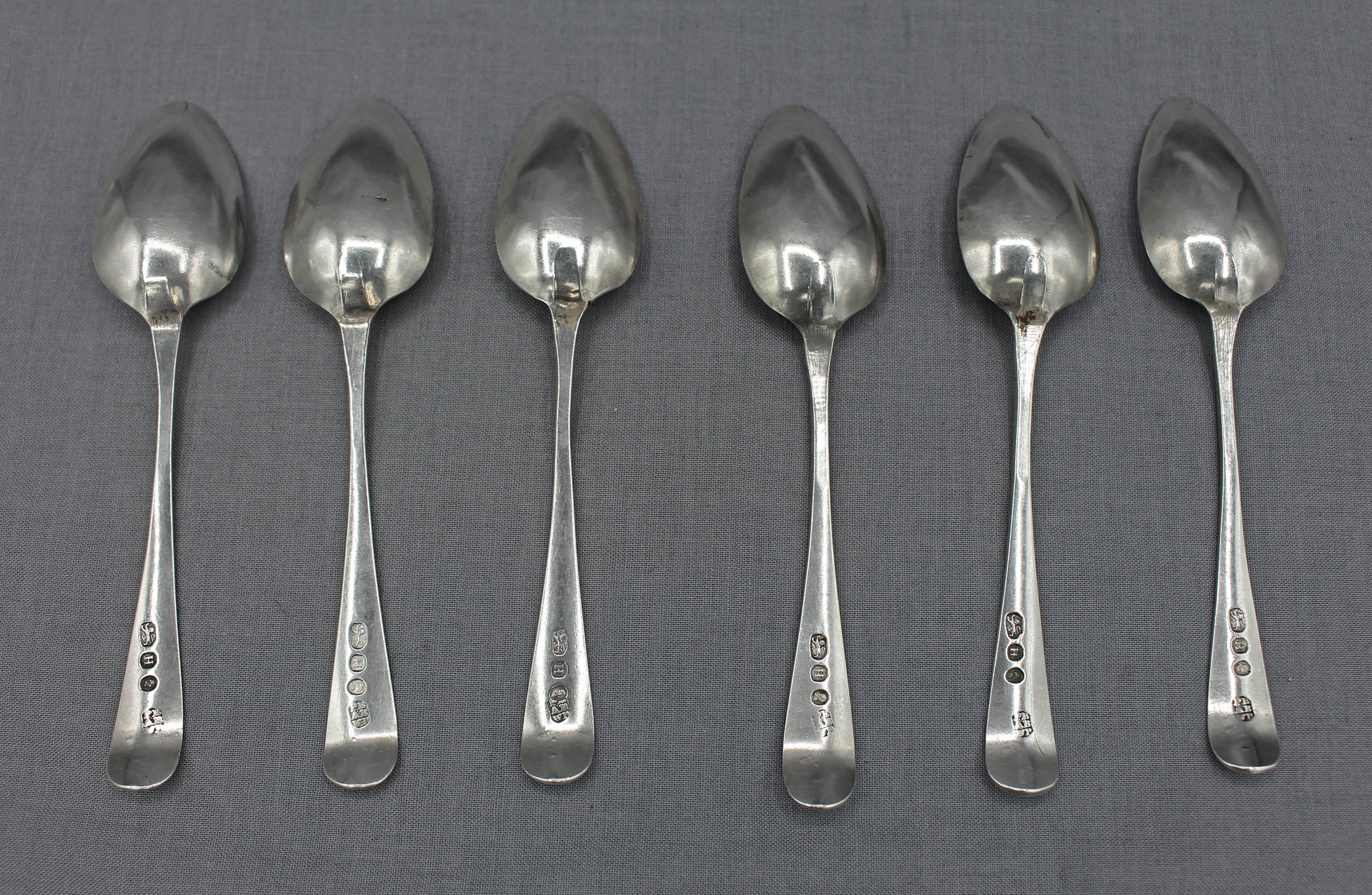 Set of 6 sterling silver coffee spoons by Peter, Ann & William Bateman, London, 1803. Son, daughter-in-law & grandson of Hester Bateman. The firm lasted from 1800 to 1805. Monogram with engraved drops 