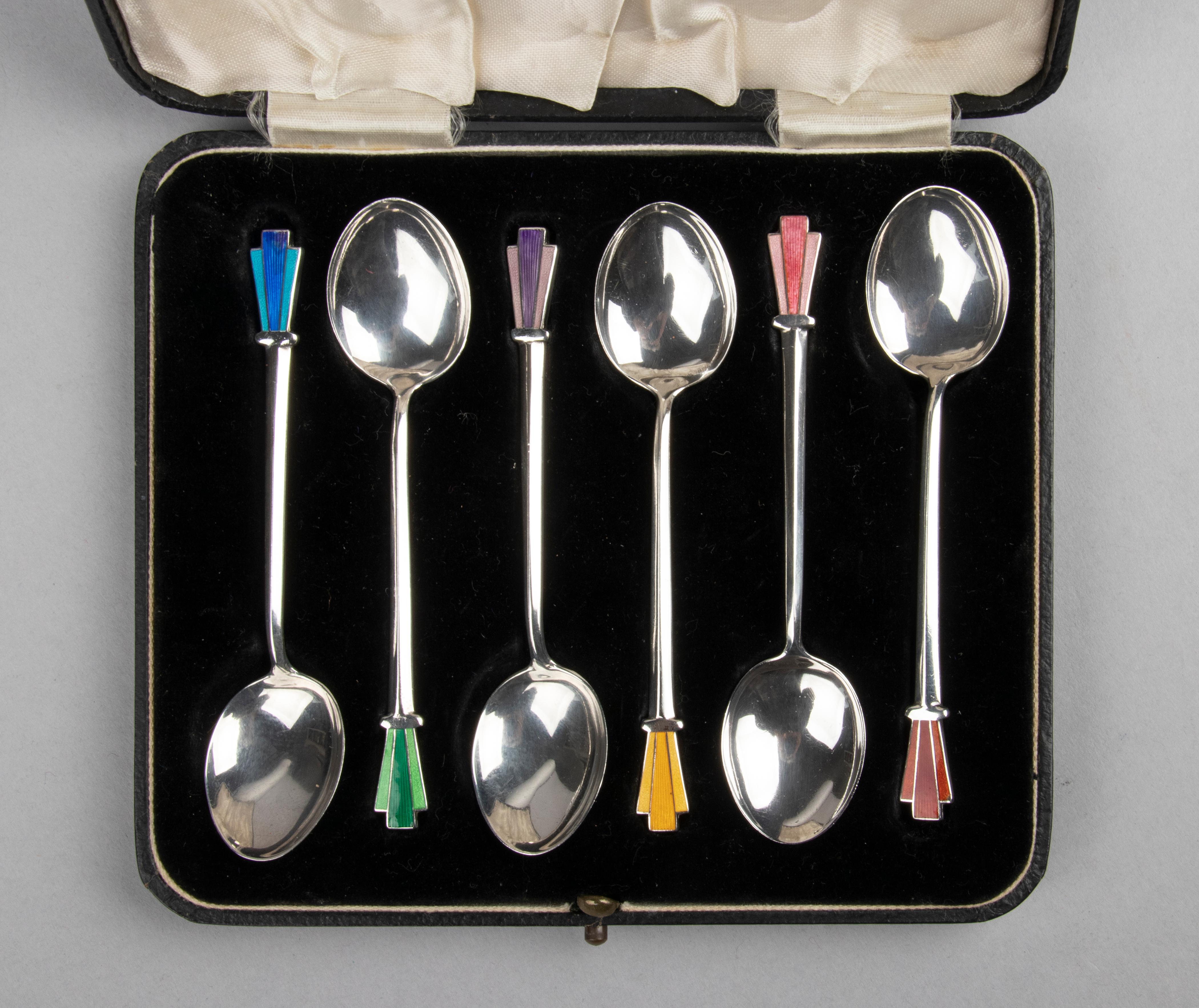English Set of 6 Sterling Silver Enameled Art Deco Teaspoons from Birmingham 1936 For Sale