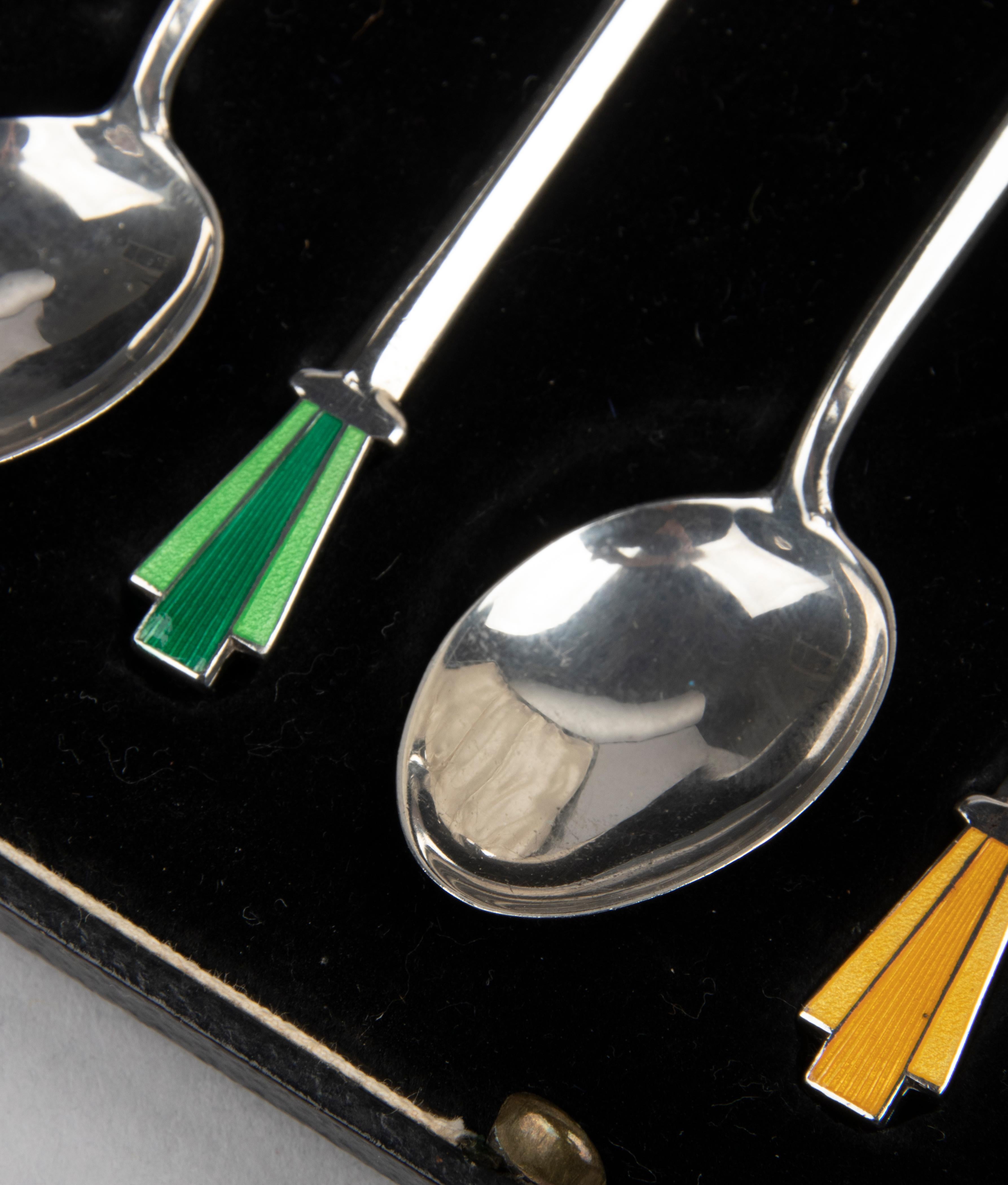 Mid-20th Century Set of 6 Sterling Silver Enameled Art Deco Teaspoons from Birmingham 1936 For Sale