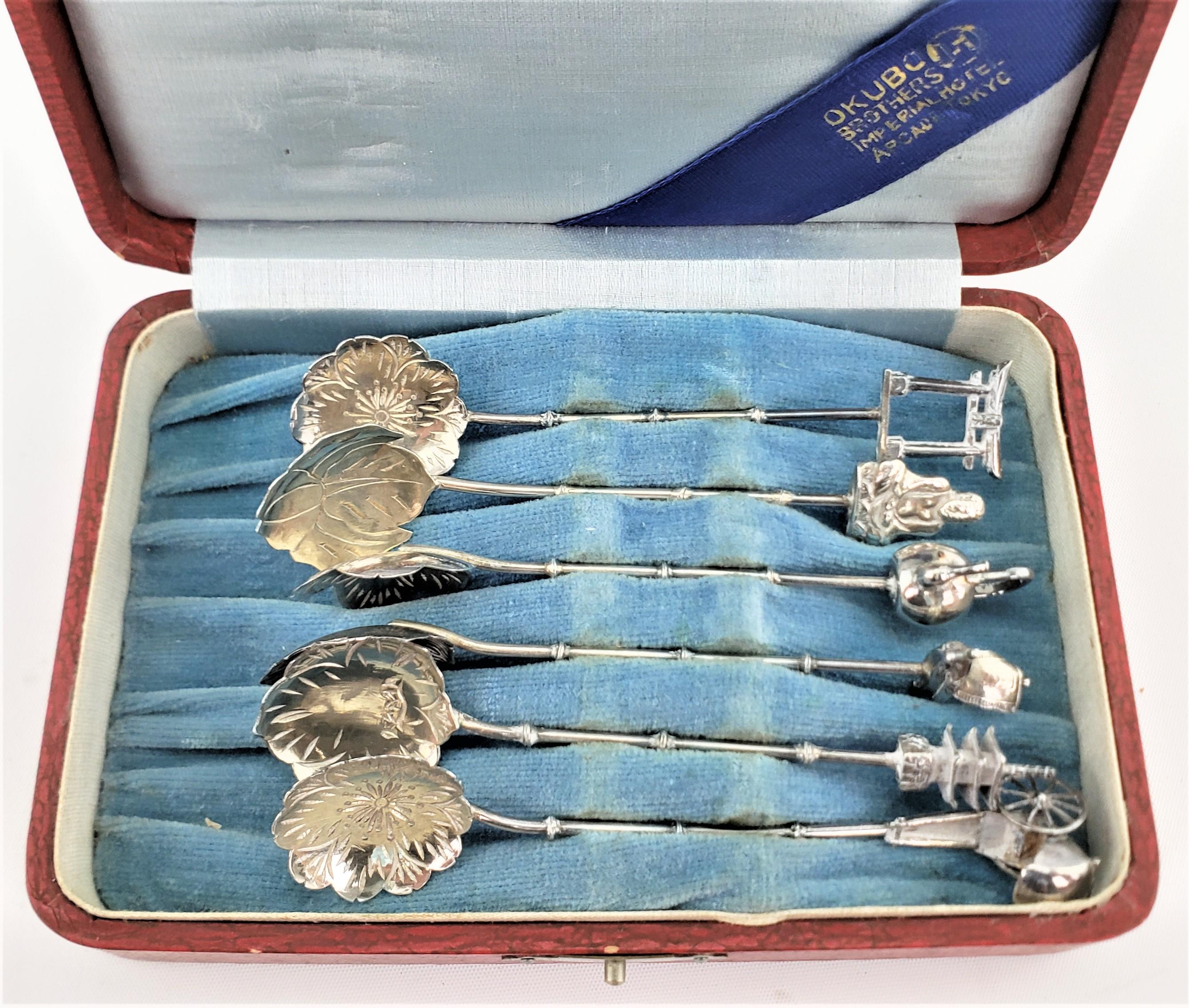Set of 6 Sterling Silver Figural Japanese Coffee Sugar Spoons with Fitted Case For Sale 4