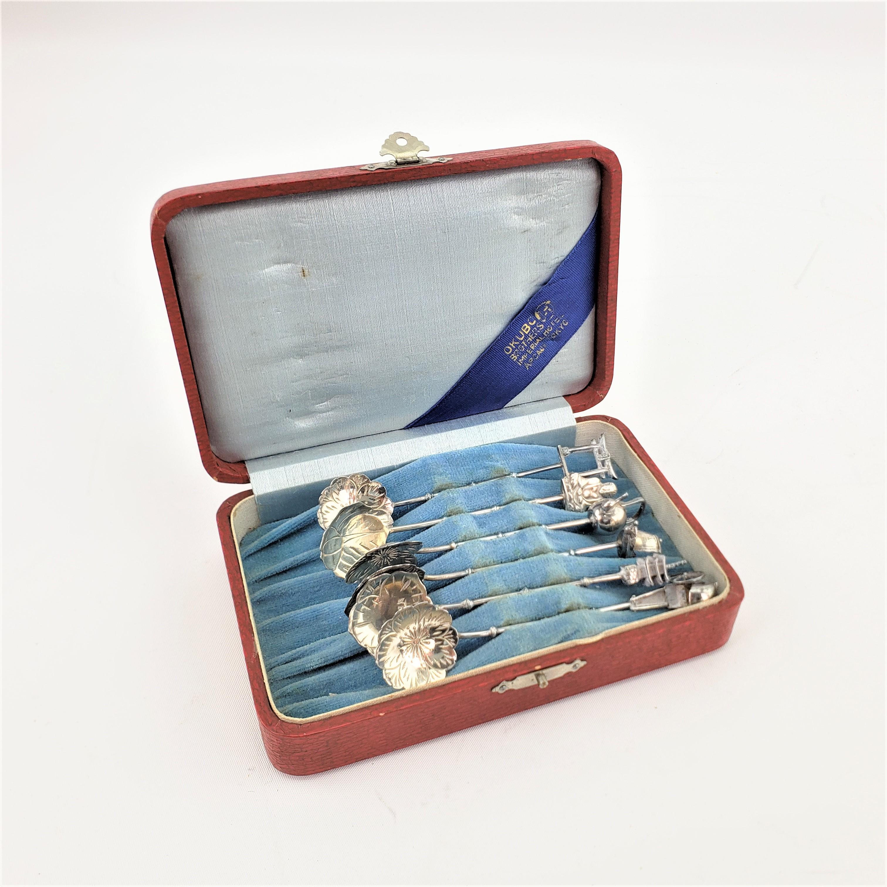 Set of 6 Sterling Silver Figural Japanese Coffee Sugar Spoons with Fitted Case For Sale 6
